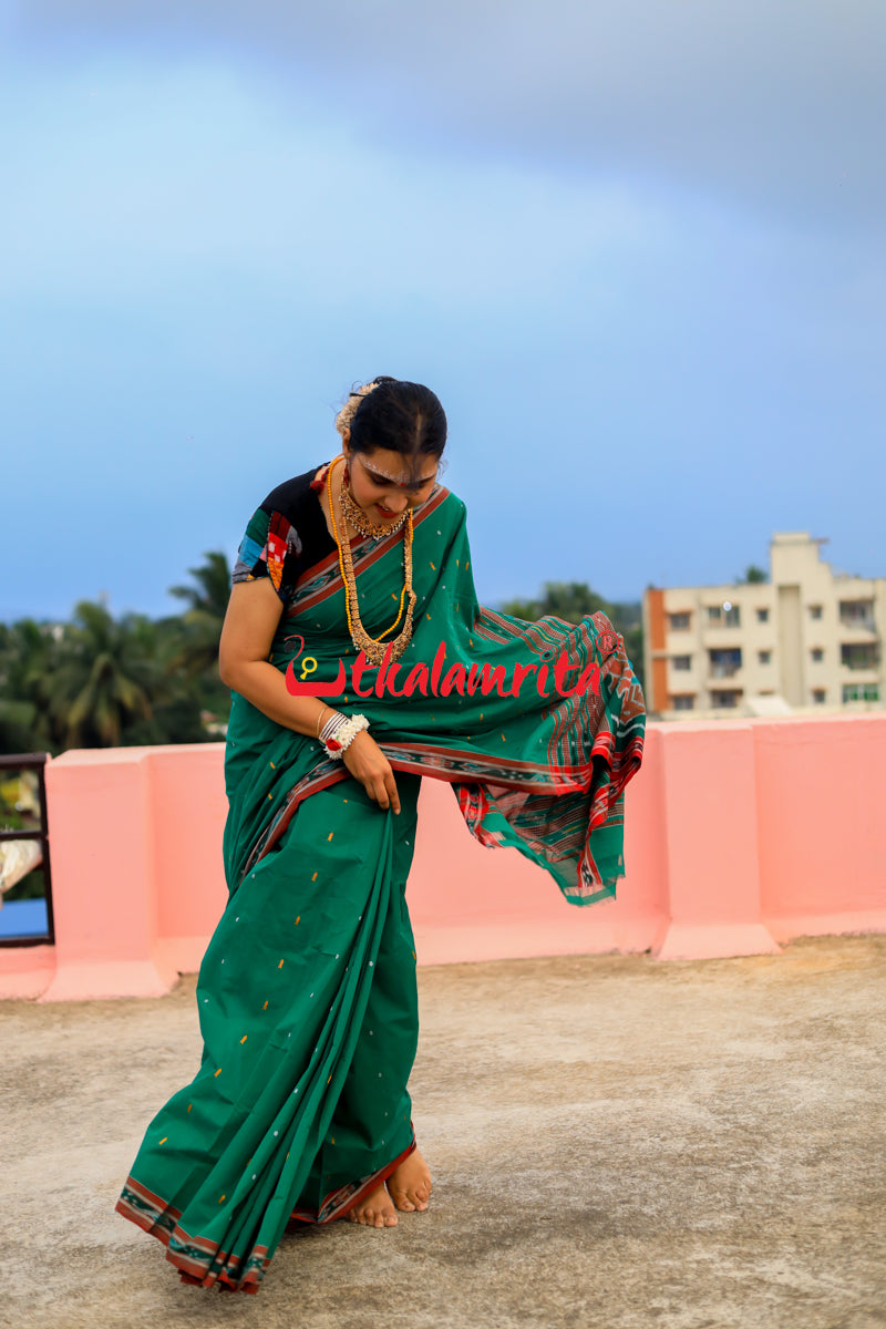 Leaf Green Maroon Pittala Single Cotton Saree