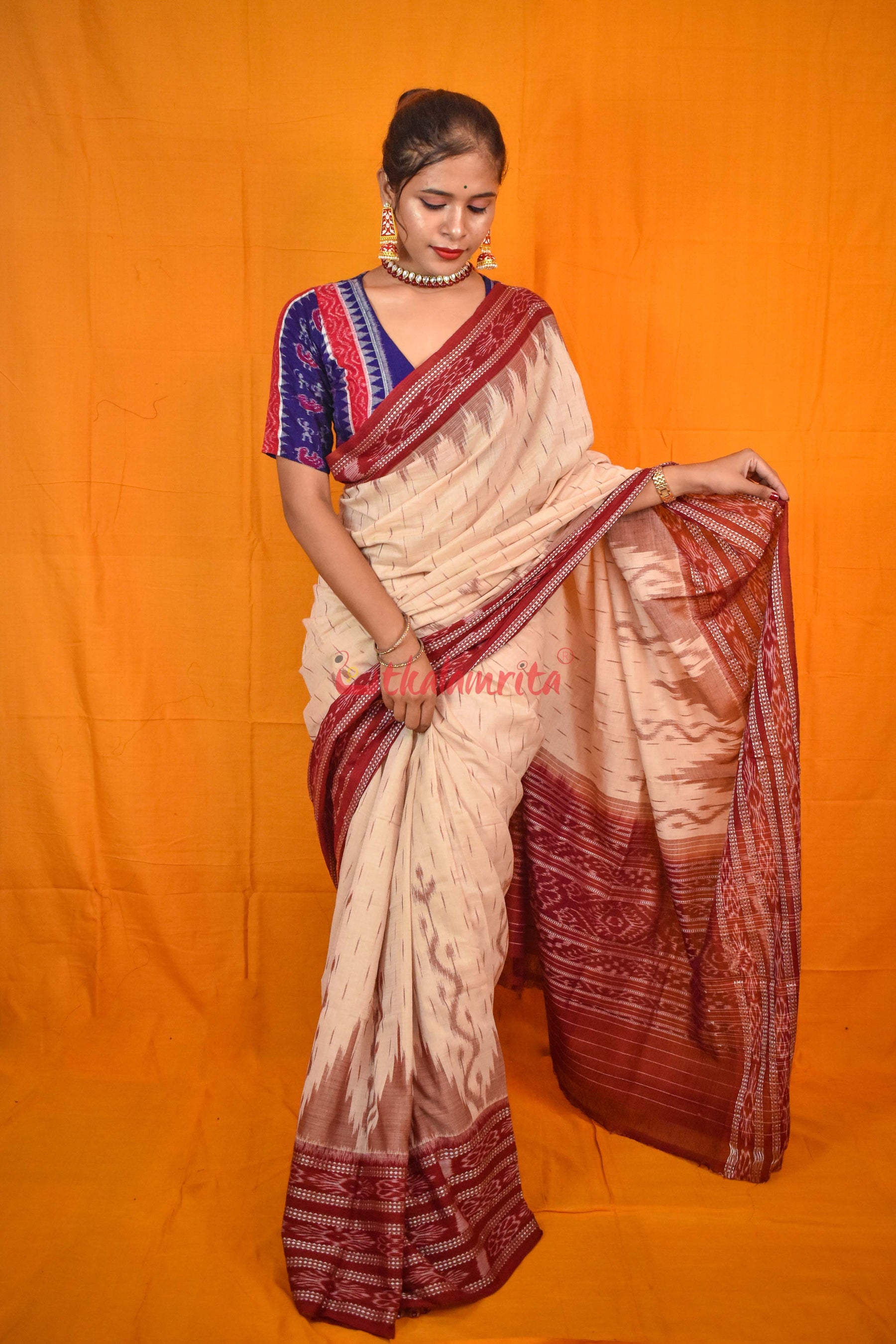 Off White Maroon Daali Scot Khandua Cotton