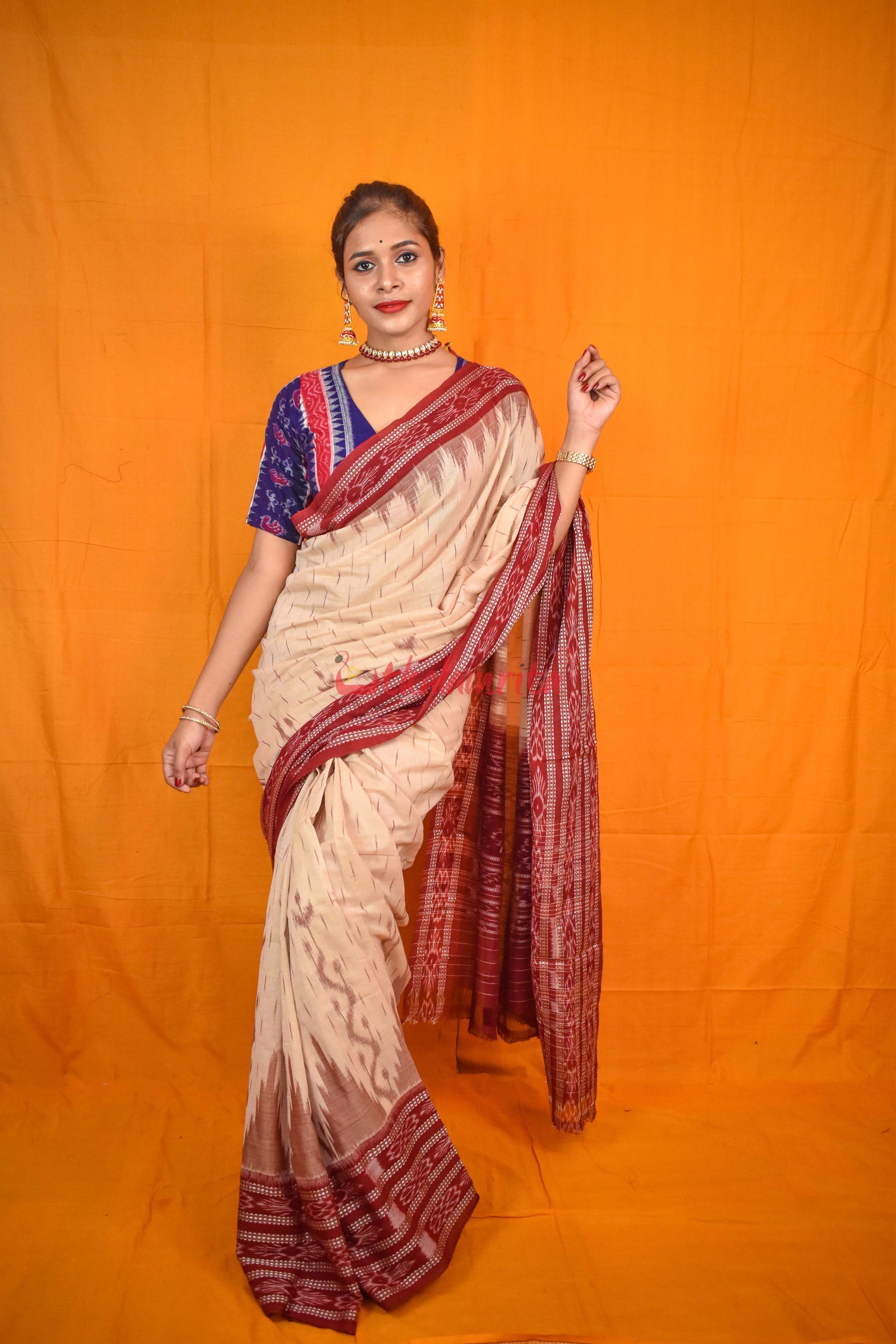 Off White Maroon Daali Scot Khandua Cotton