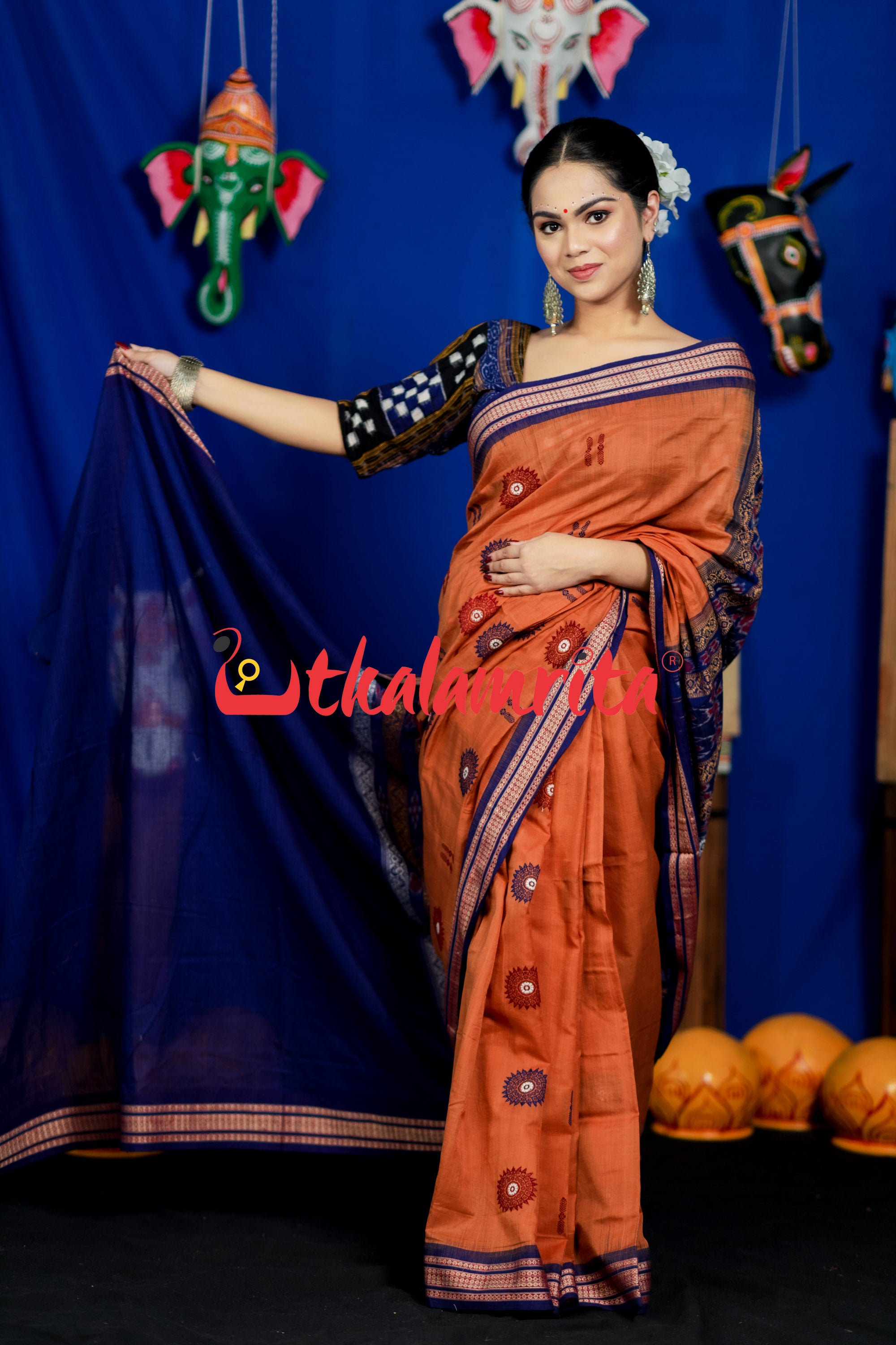 Biscuit Blue Padam Bomkai Cotton Saree