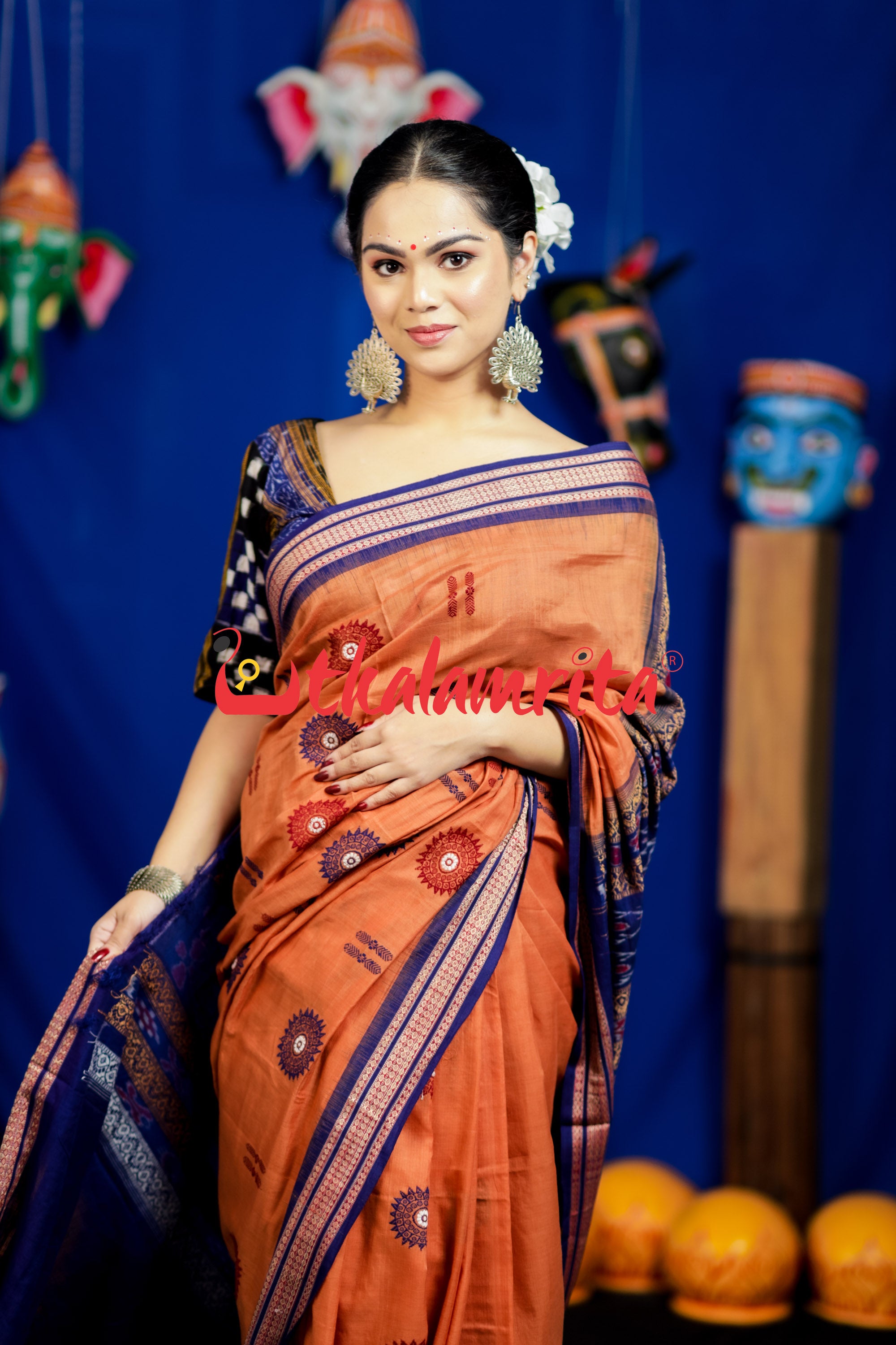 Biscuit Blue Padam Bomkai Cotton Saree