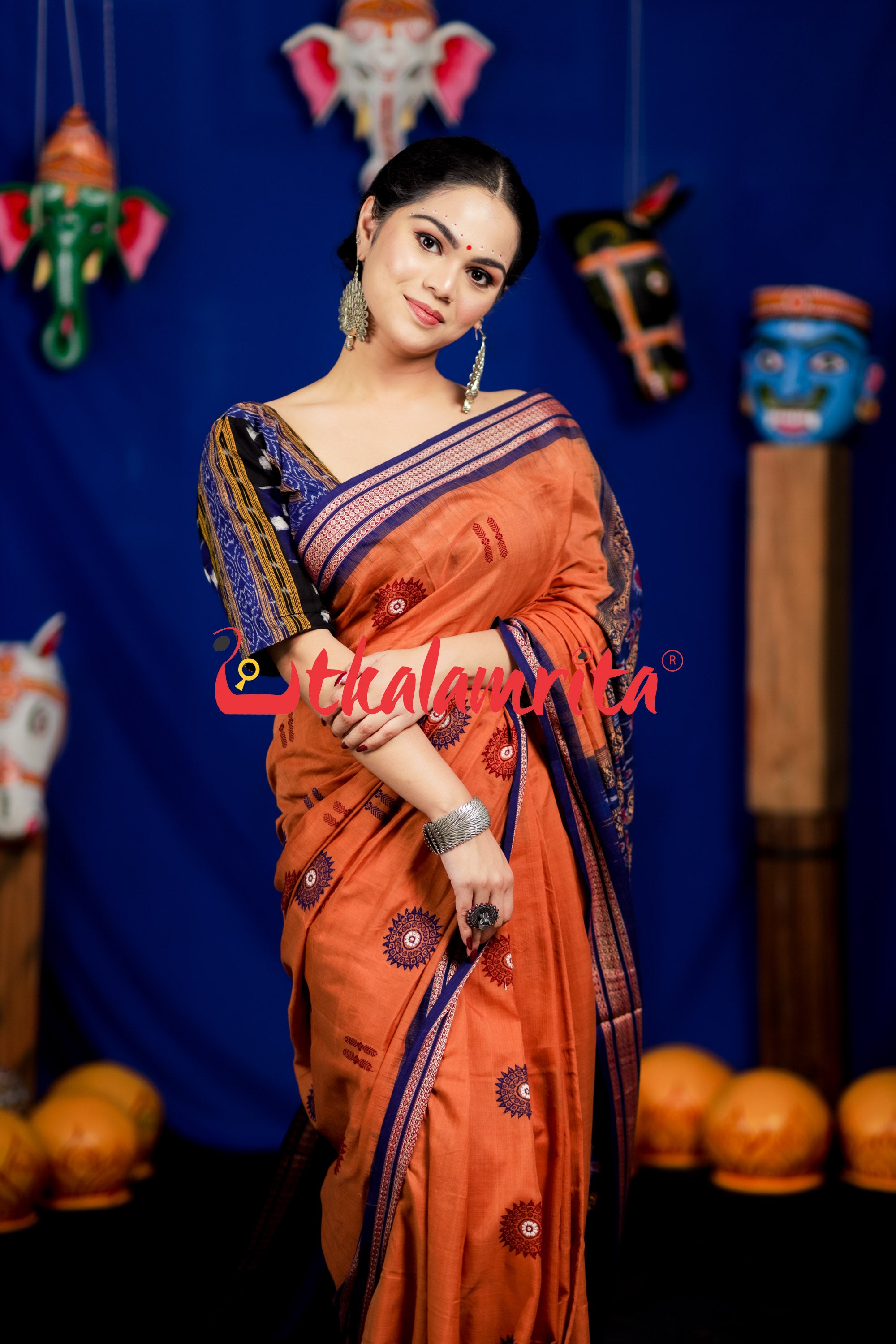 Biscuit Blue Padam Bomkai Cotton Saree