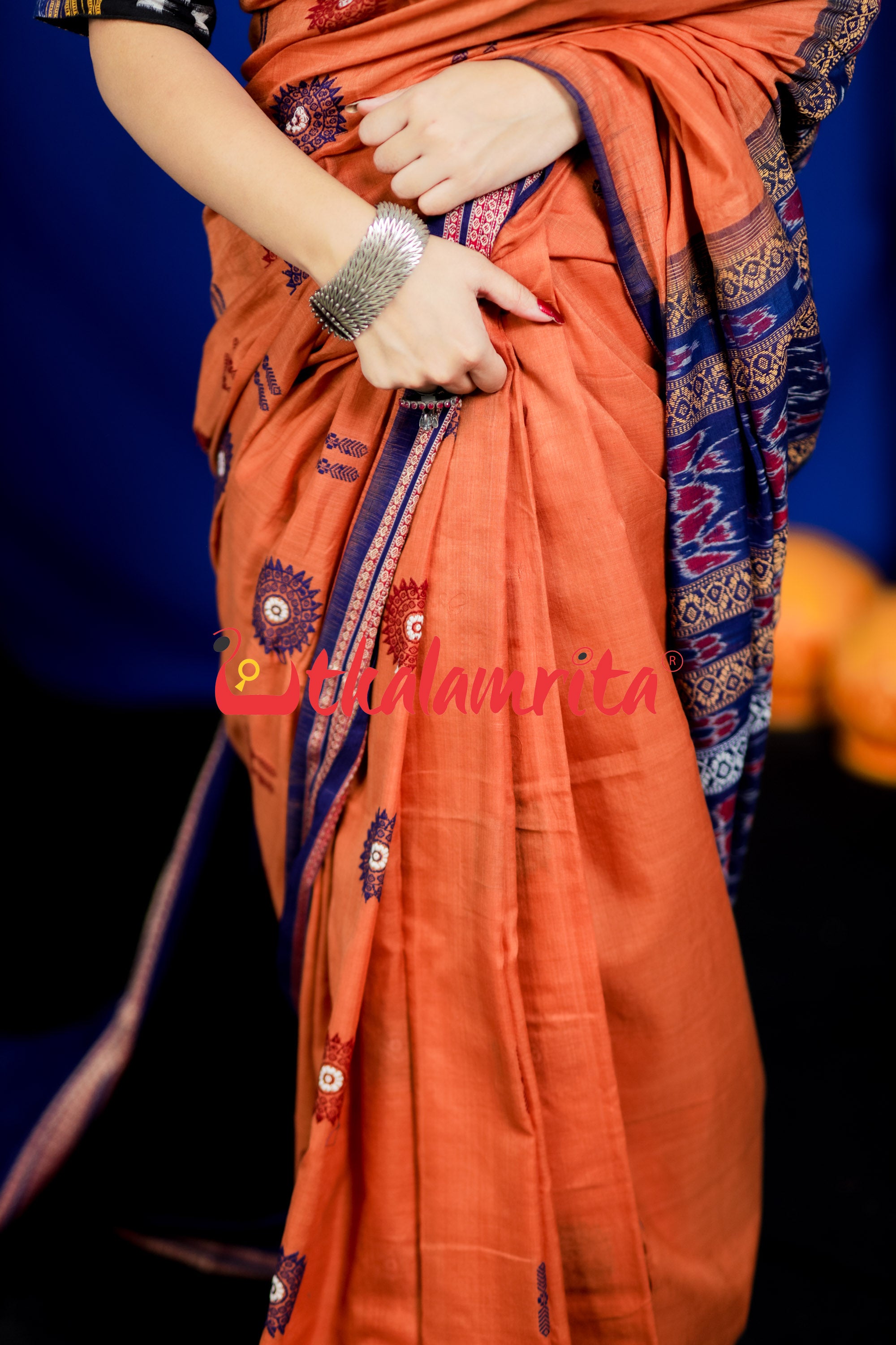 Biscuit Blue Padam Bomkai Cotton Saree
