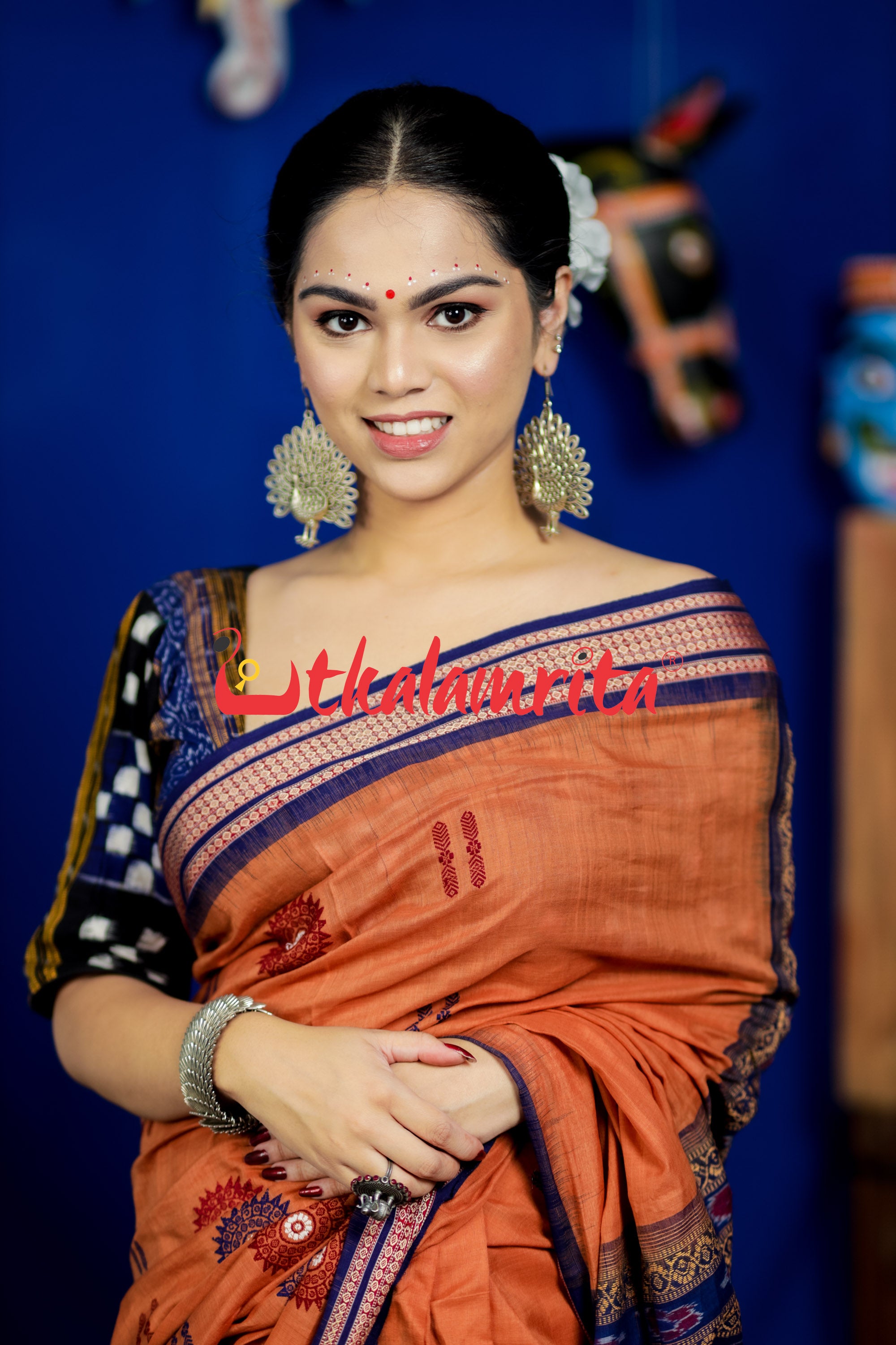 Biscuit Blue Padam Bomkai Cotton Saree