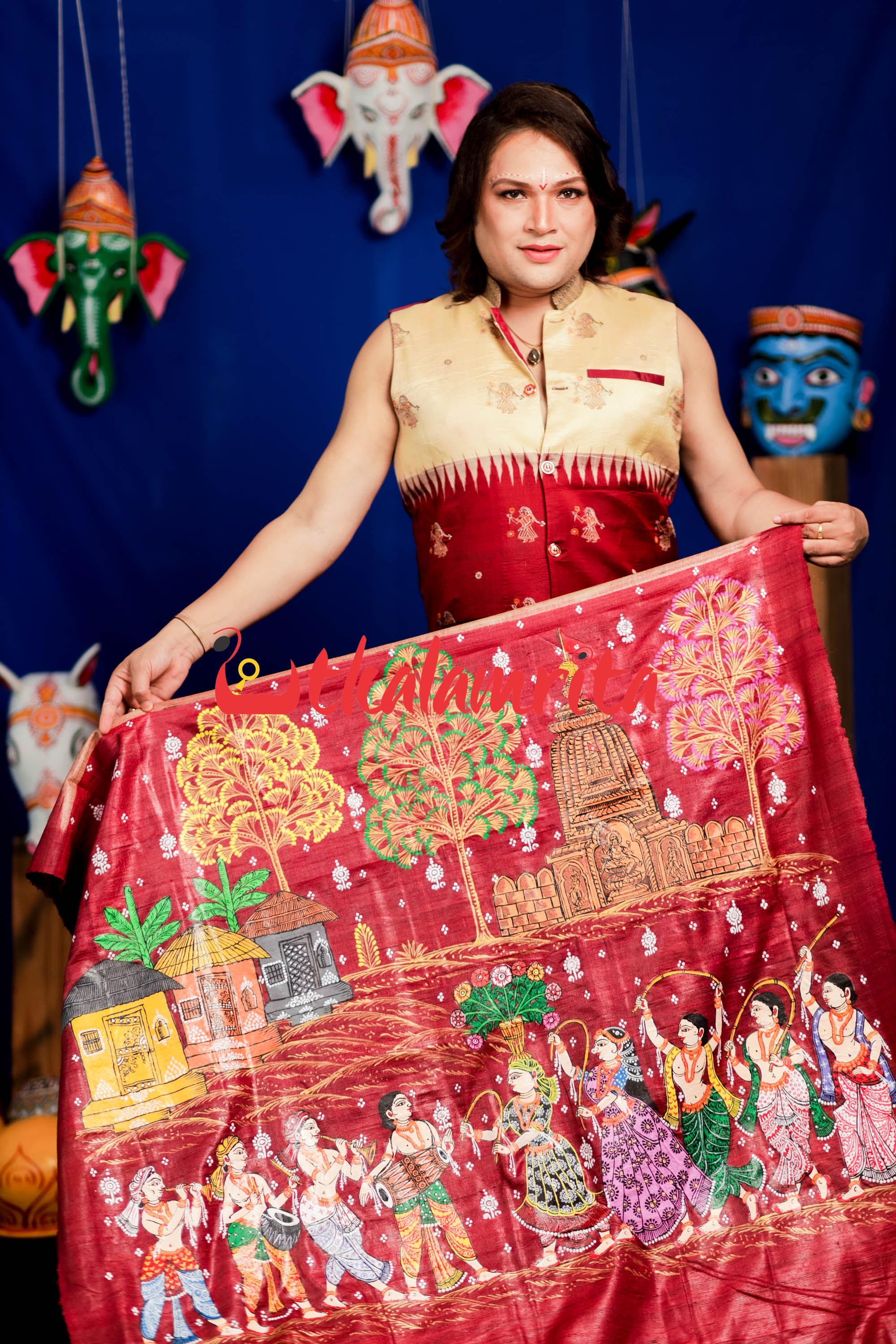 Jhamu Jatra Ghicha Tussar Ghee Maroon Saree