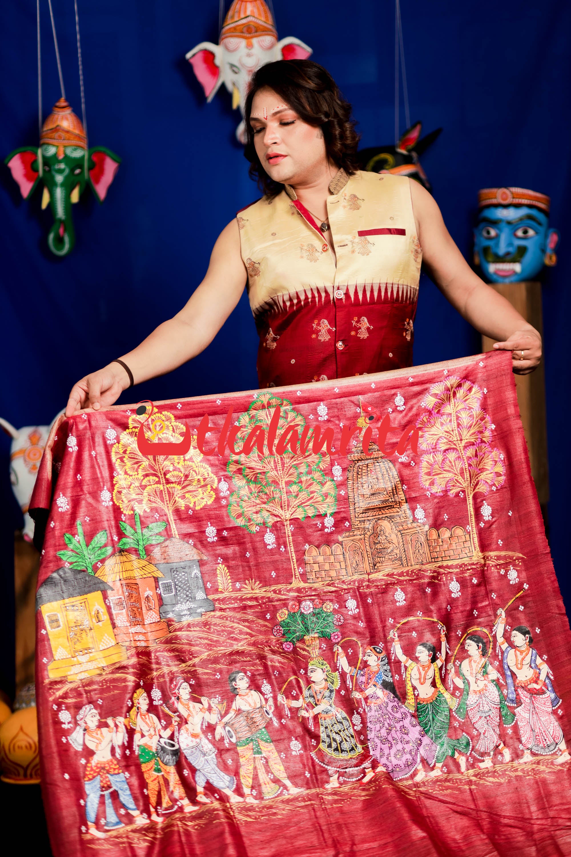 Jhamu Jatra Ghicha Tussar Ghee Maroon Saree