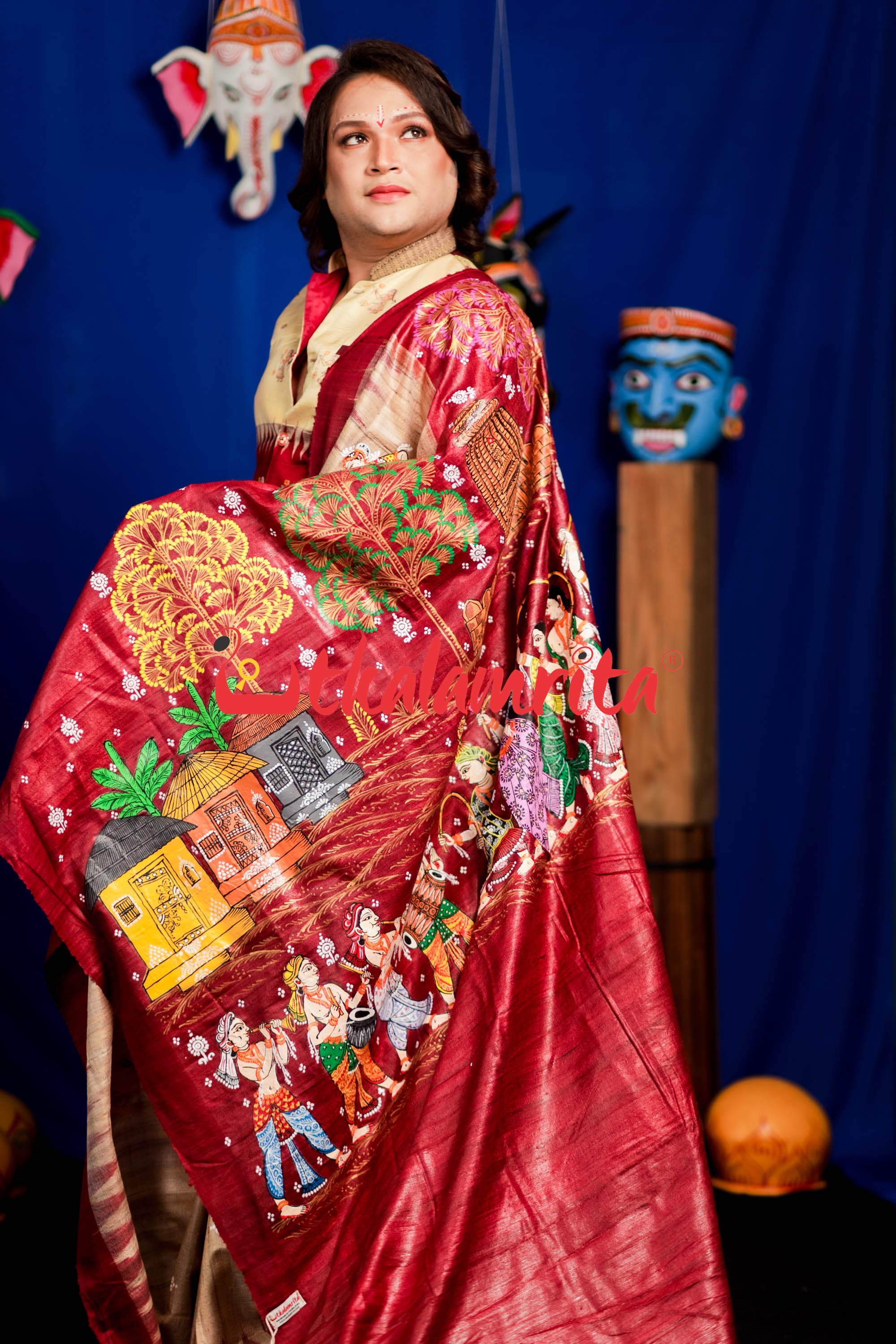 Jhamu Jatra Ghicha Tussar Ghee Maroon Saree
