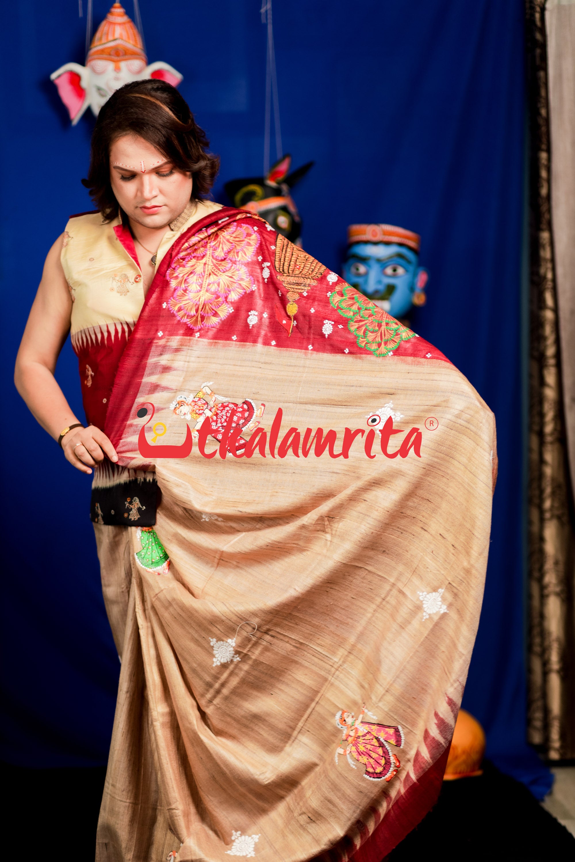 Jhamu Jatra Ghicha Tussar Ghee Maroon Saree