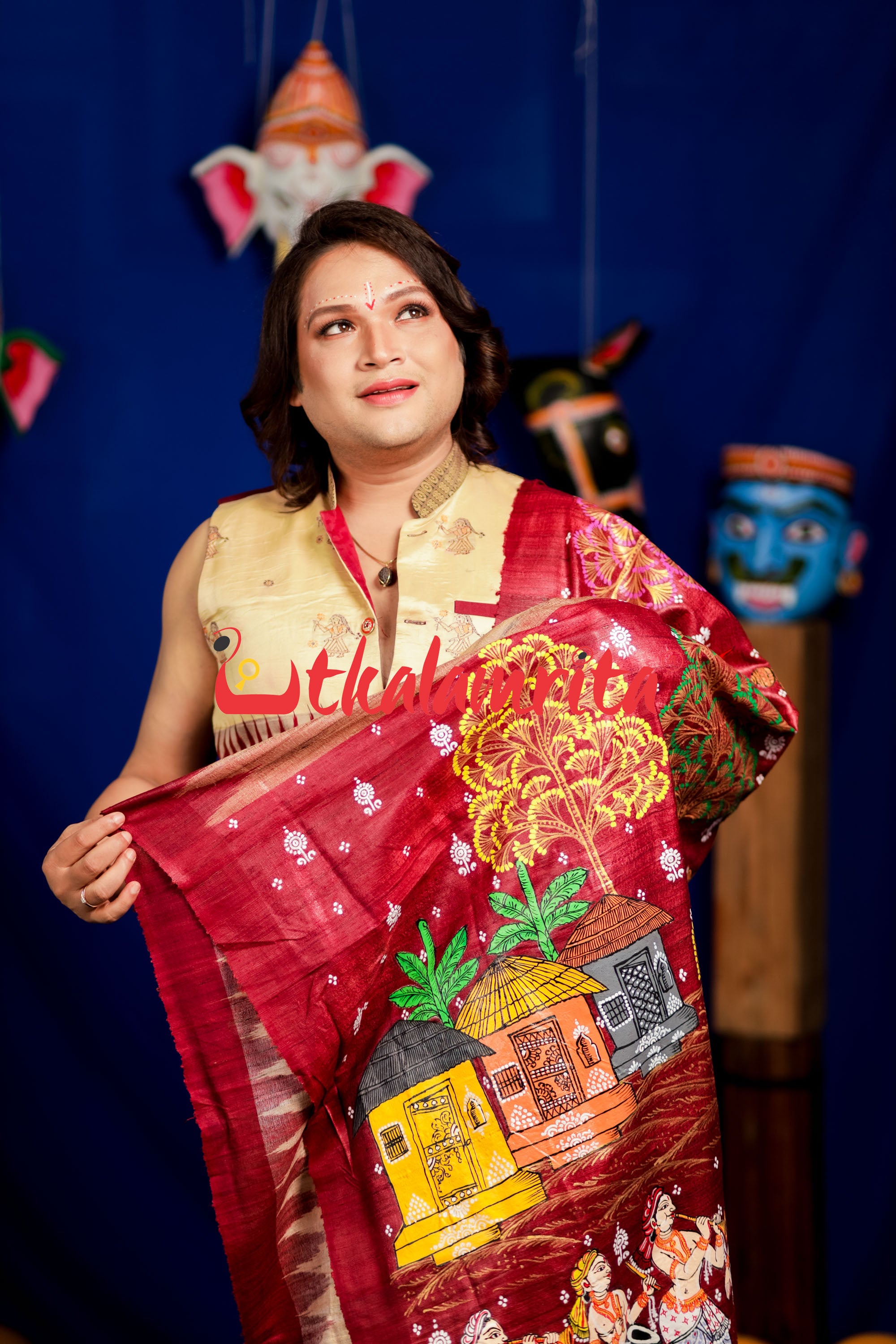 Jhamu Jatra Ghicha Tussar Ghee Maroon Saree