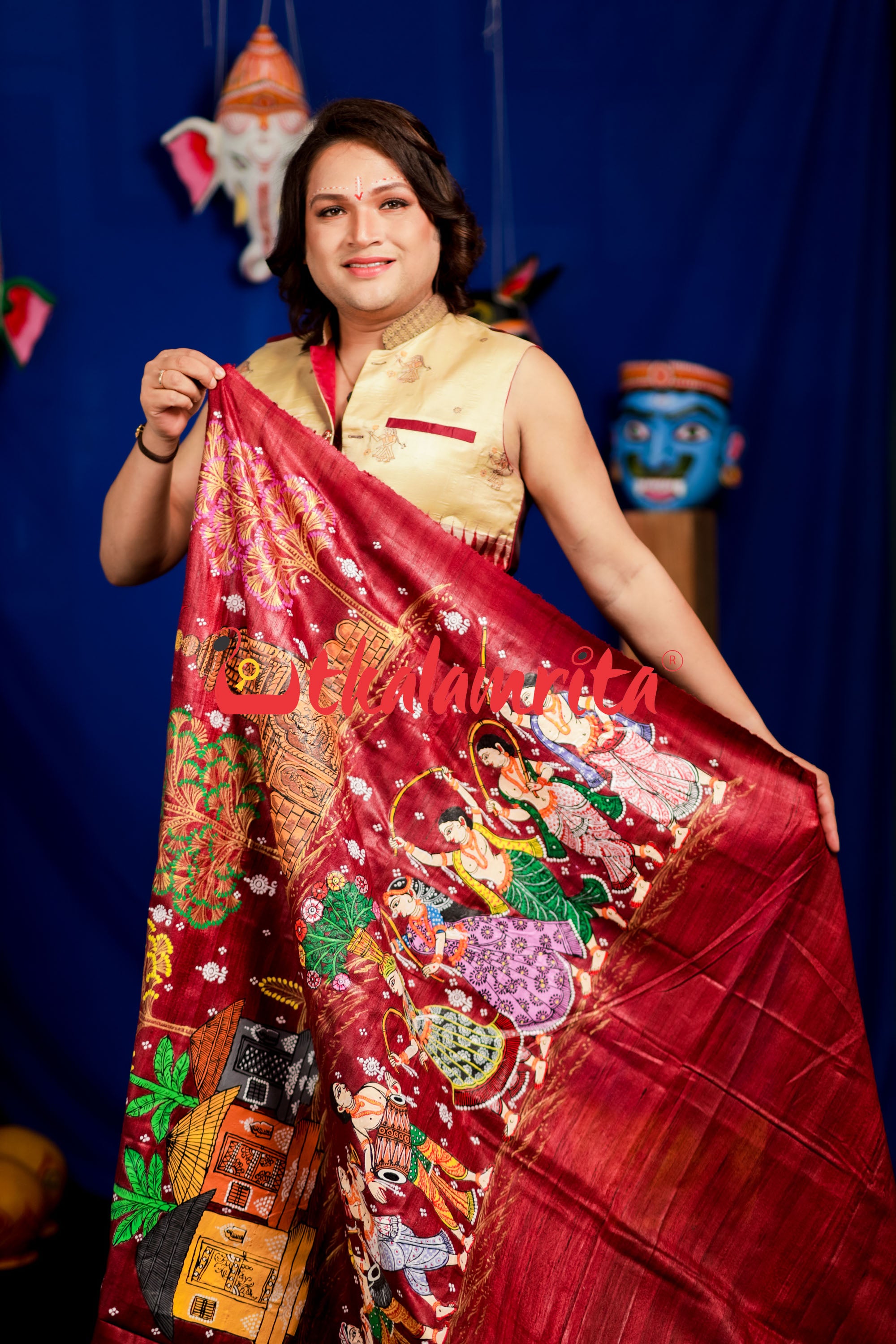 Jhamu Jatra Ghicha Tussar Ghee Maroon Saree