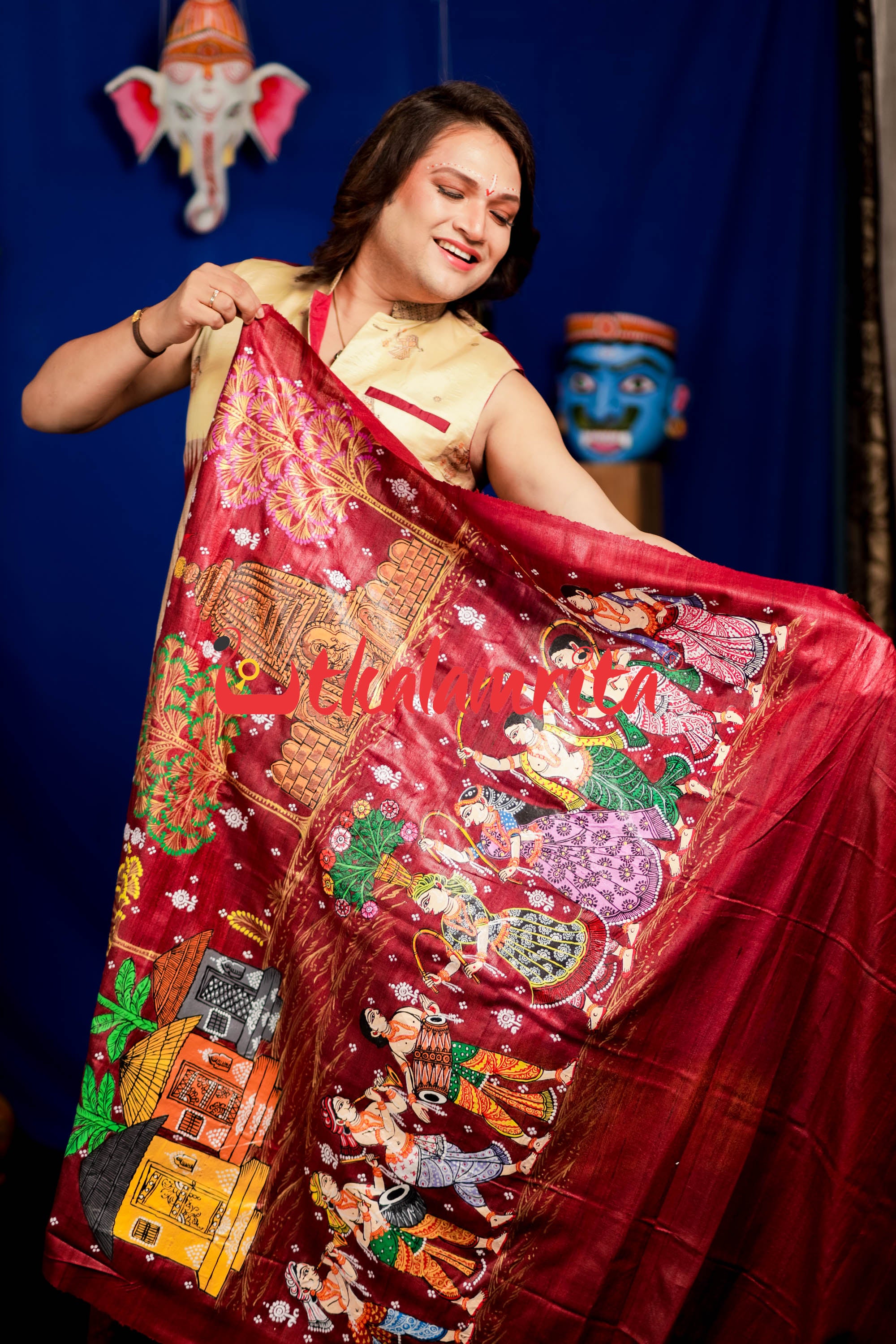 Jhamu Jatra Ghicha Tussar Ghee Maroon Saree