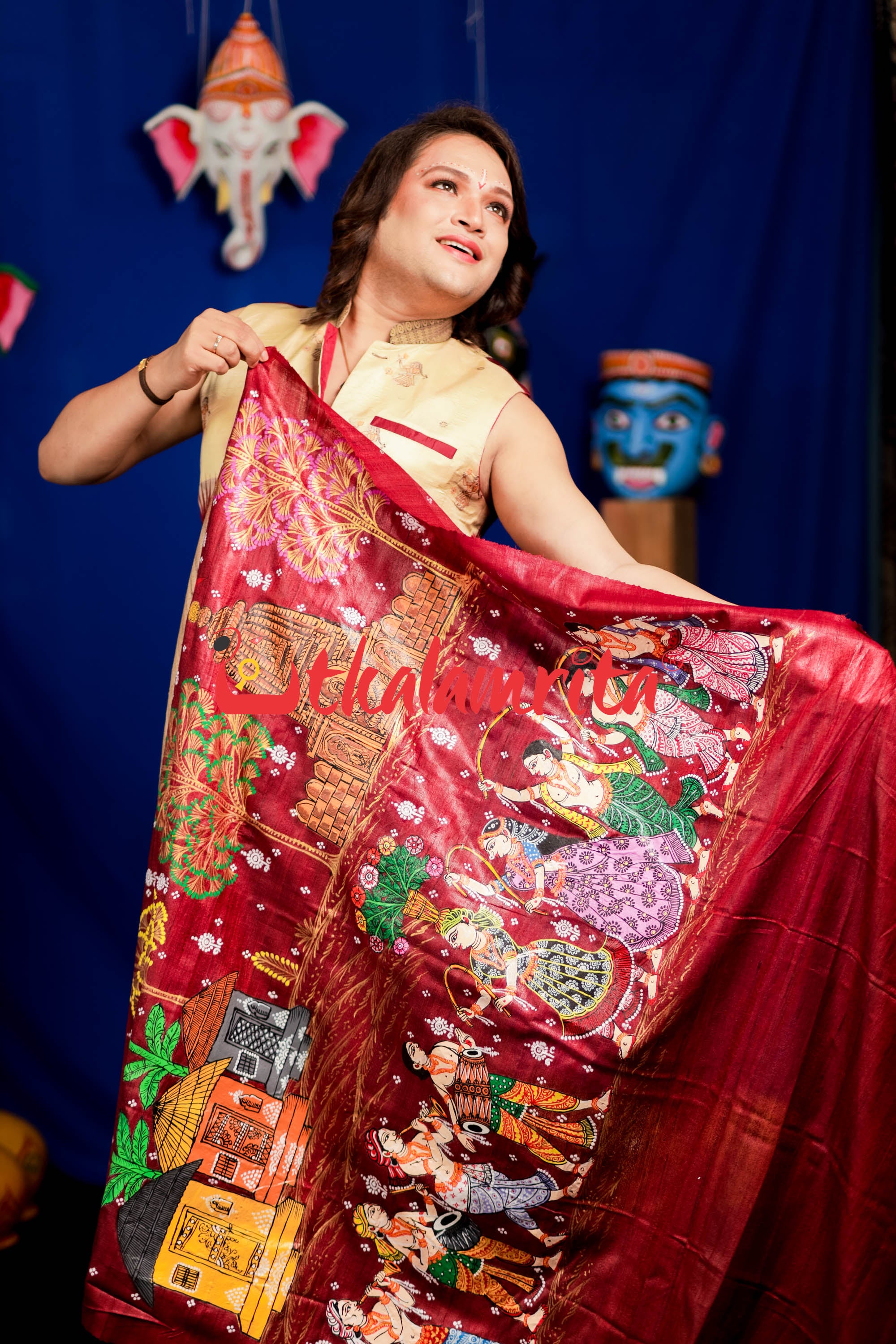 Jhamu Jatra Ghicha Tussar Ghee Maroon Saree
