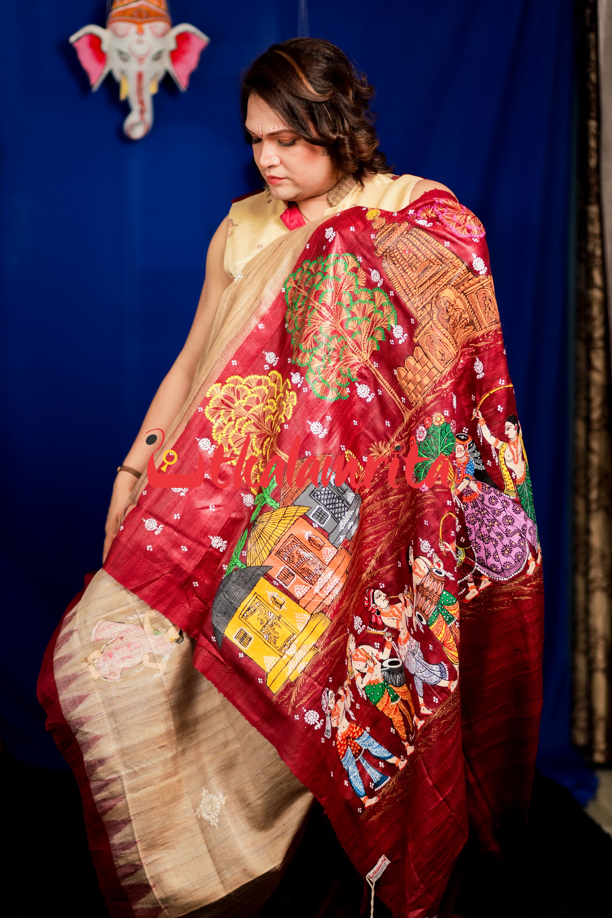 Jhamu Jatra Ghicha Tussar Ghee Maroon Saree