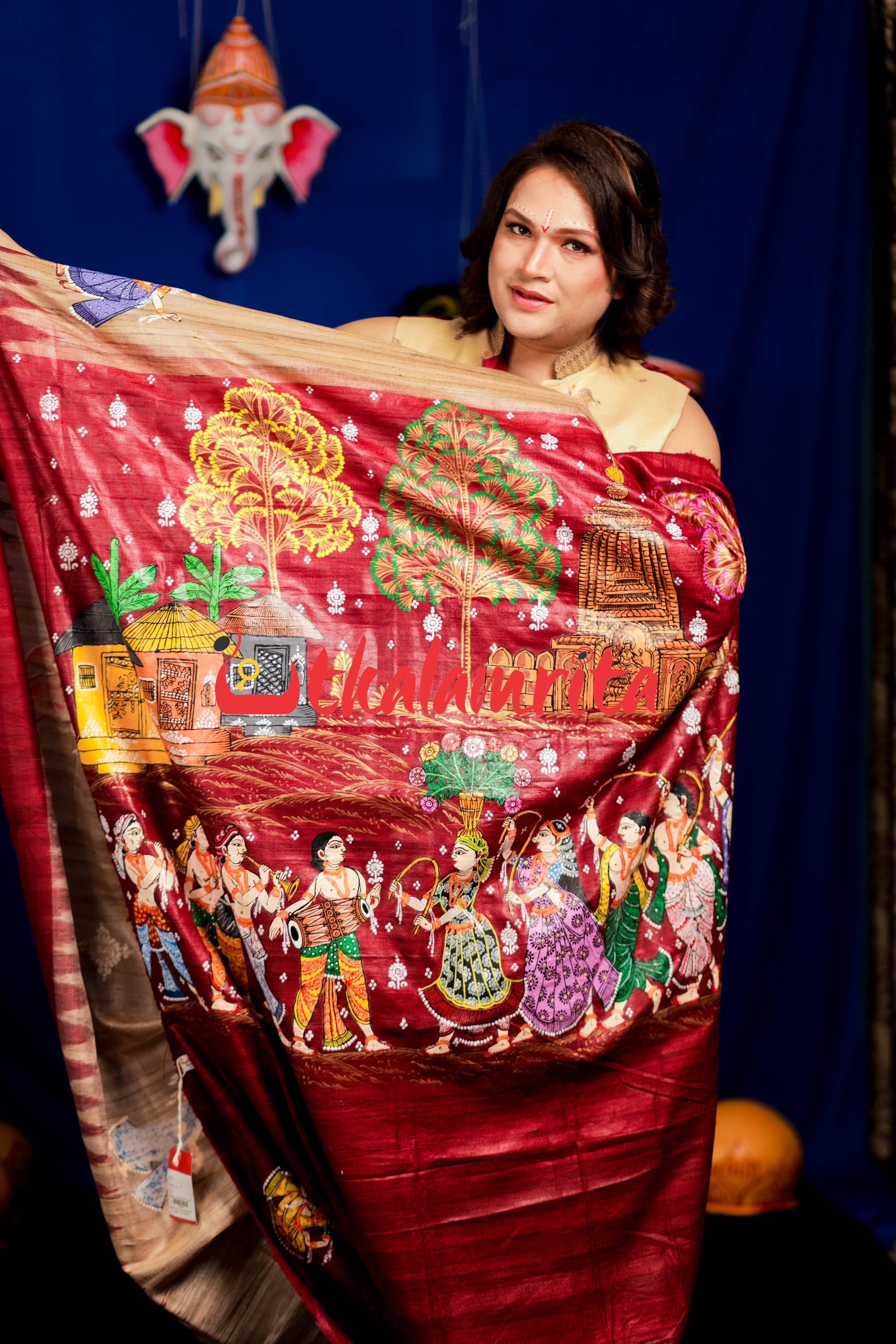 Jhamu Jatra Ghicha Tussar Ghee Maroon Saree
