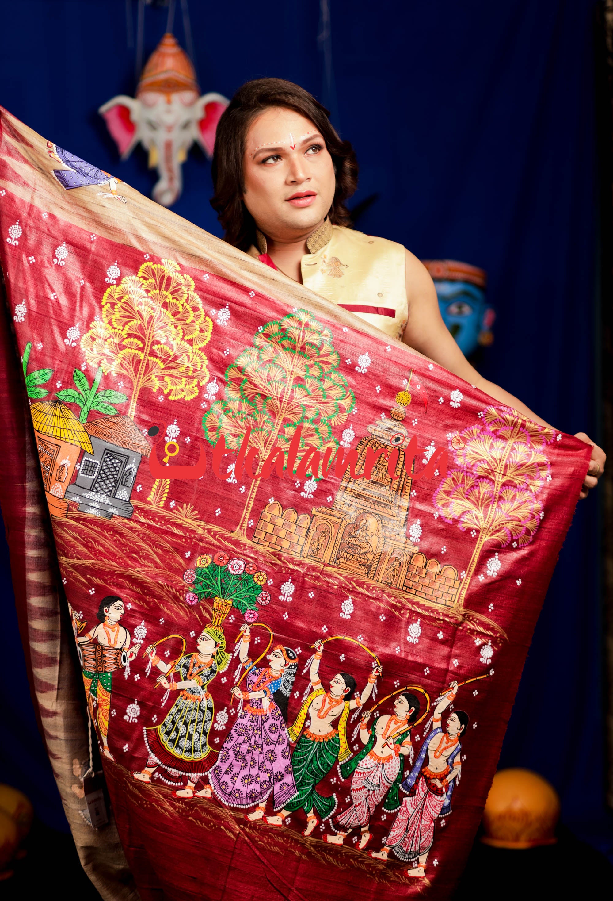 Jhamu Jatra Ghicha Tussar Ghee Maroon Saree