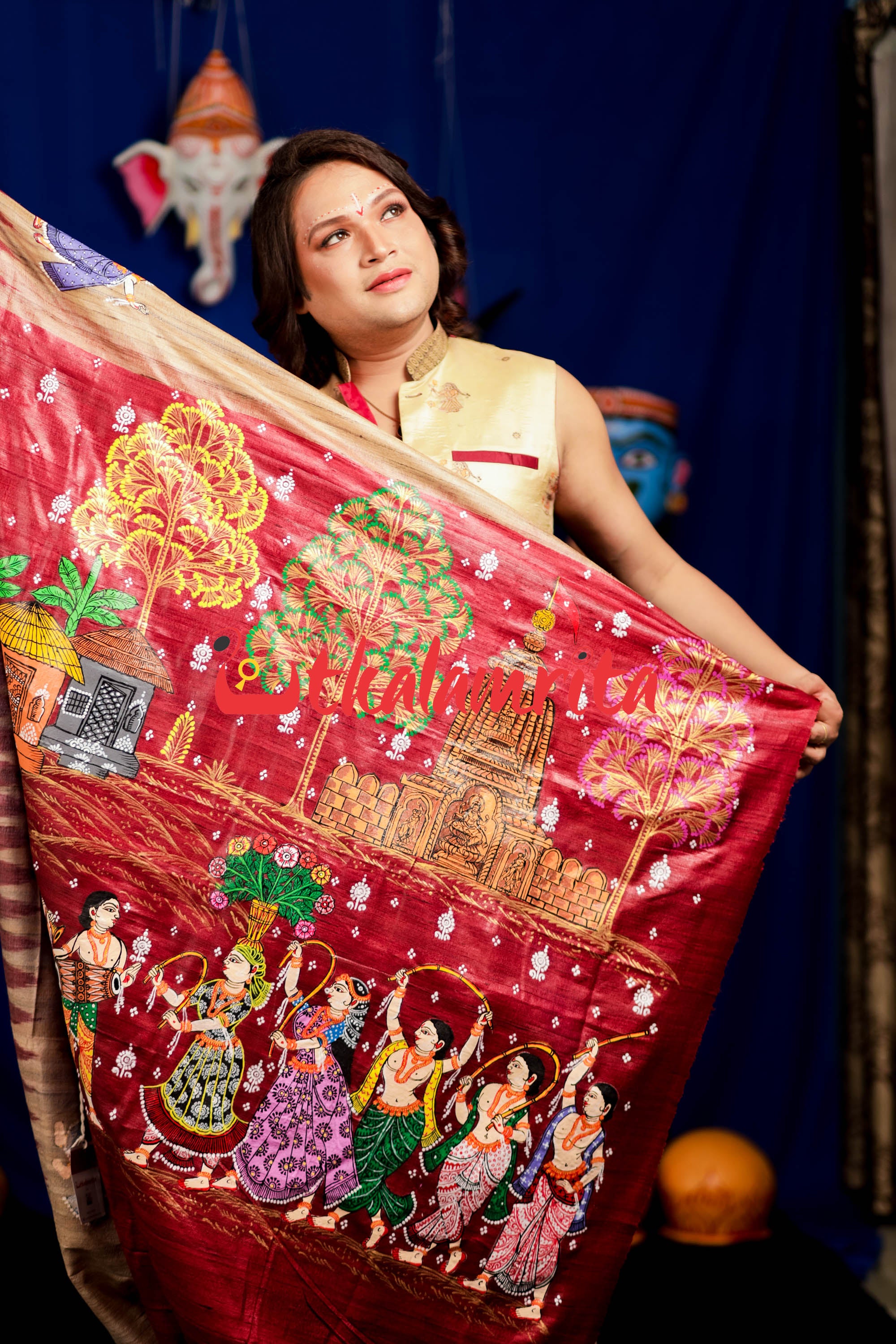 Jhamu Jatra Ghicha Tussar Ghee Maroon Saree