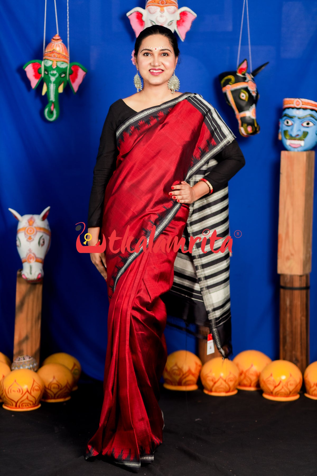 Maroon Black Single Anchal Berhampuri Silk Saree