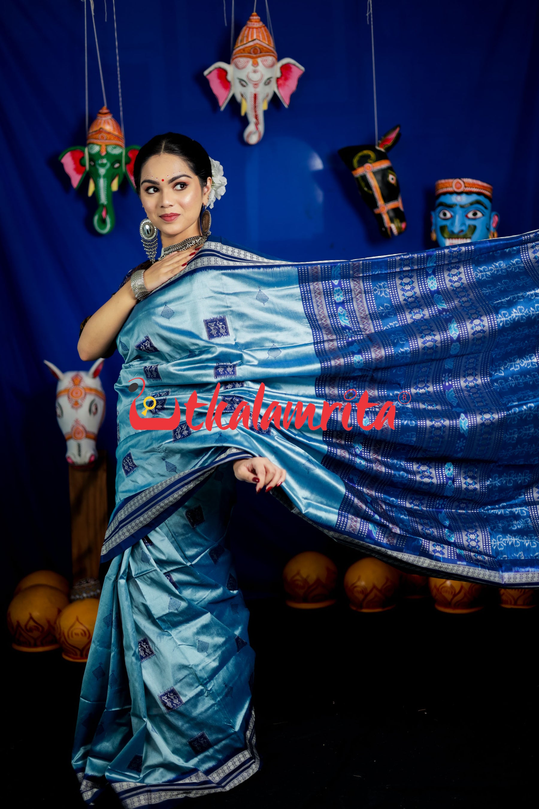 Aqua Tribal Bomkai Silk Saree