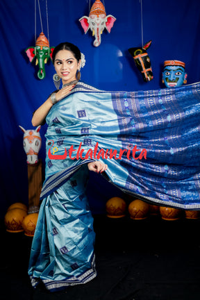 Aqua Tribal Bomkai Silk Saree