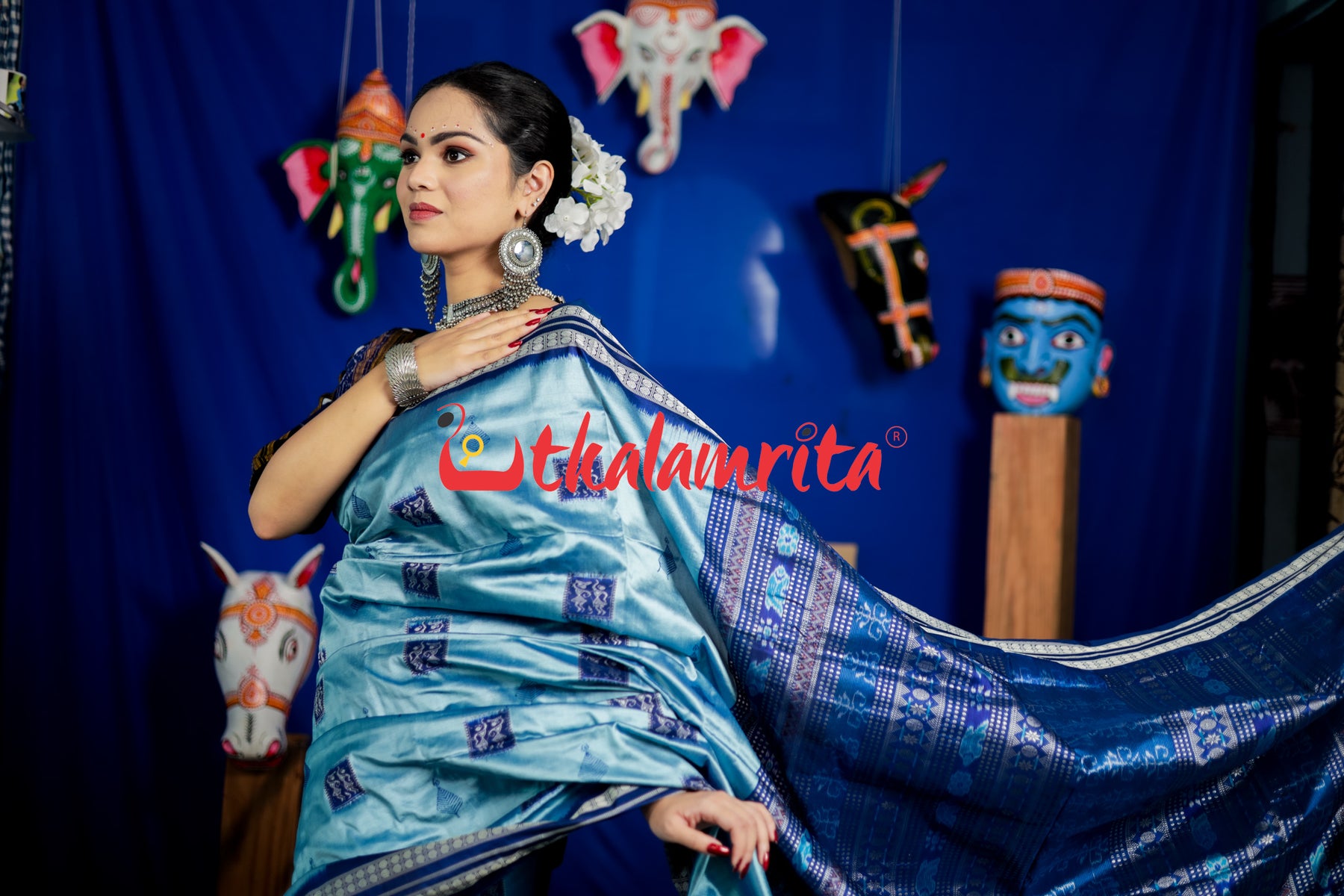 Aqua Tribal Bomkai Silk Saree