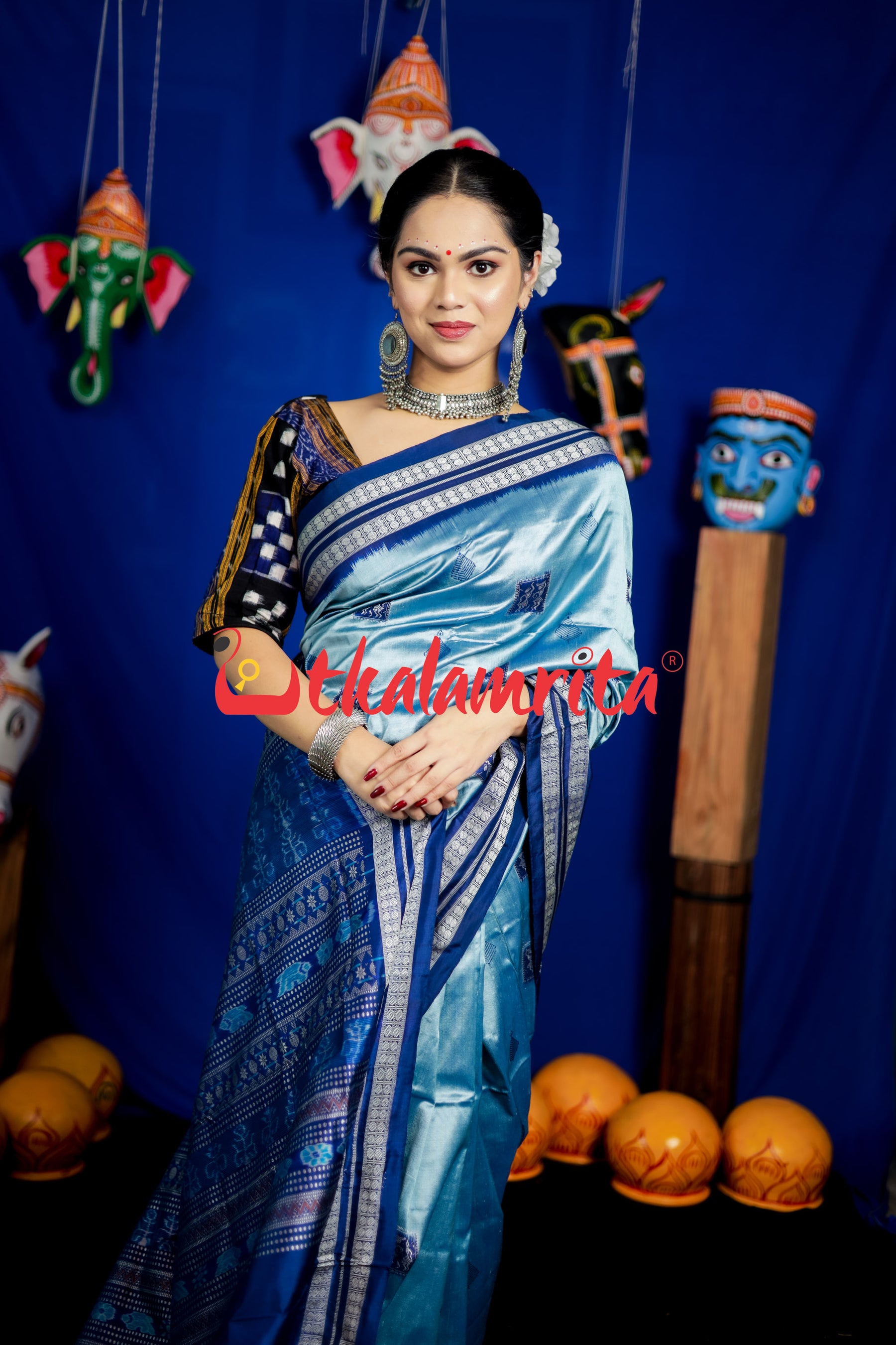 Aqua Tribal Bomkai Silk Saree