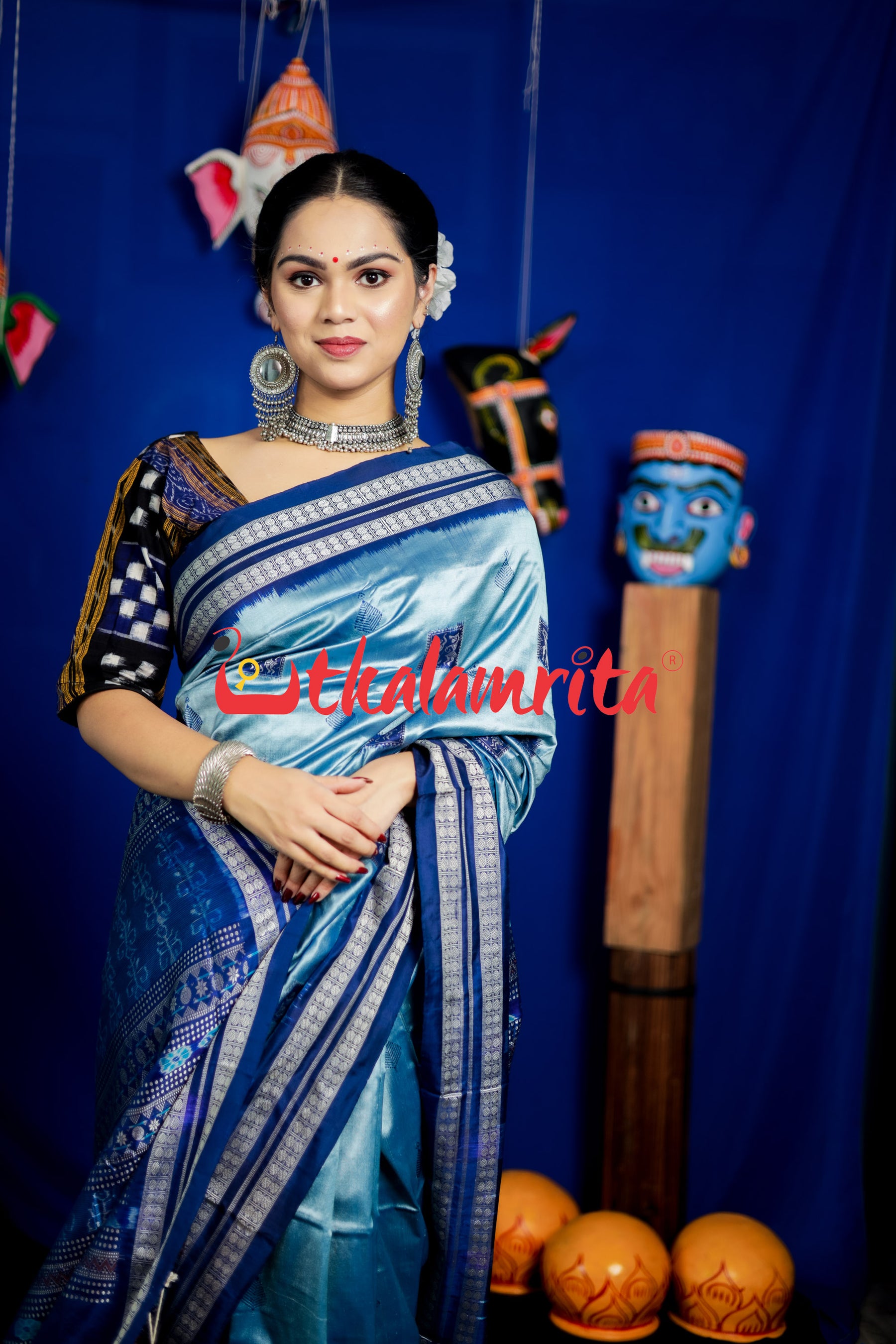 Aqua Tribal Bomkai Silk Saree