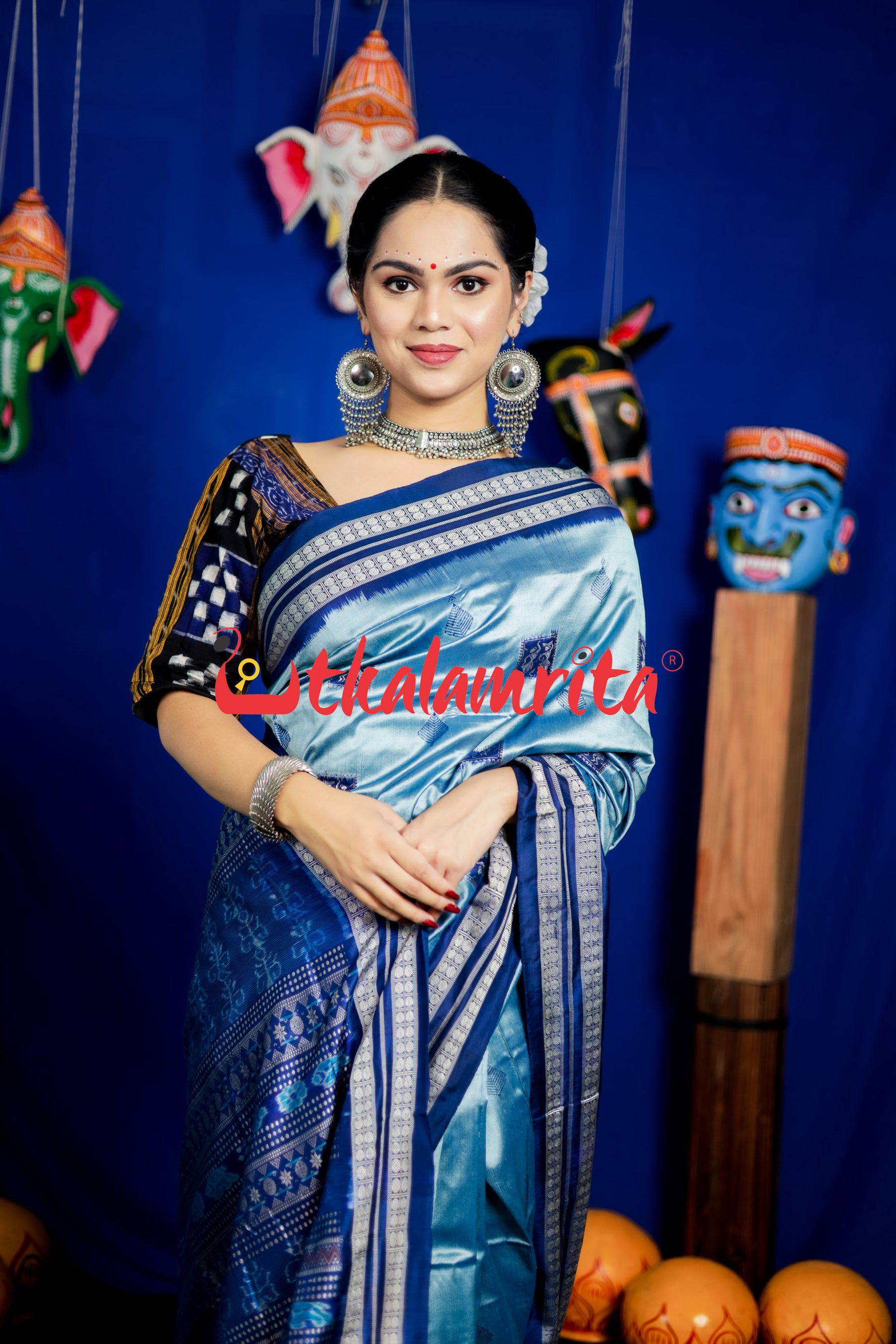 Aqua Tribal Bomkai Silk Saree