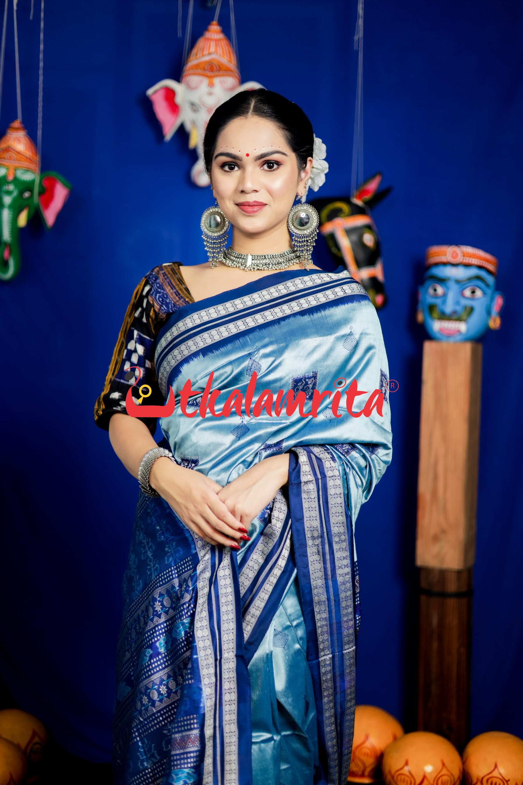 Aqua Tribal Bomkai Silk Saree