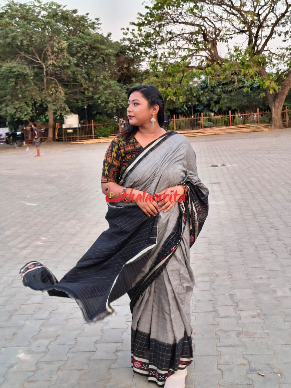 Grey Pasapali Border Sambalpuri Cotton Saree