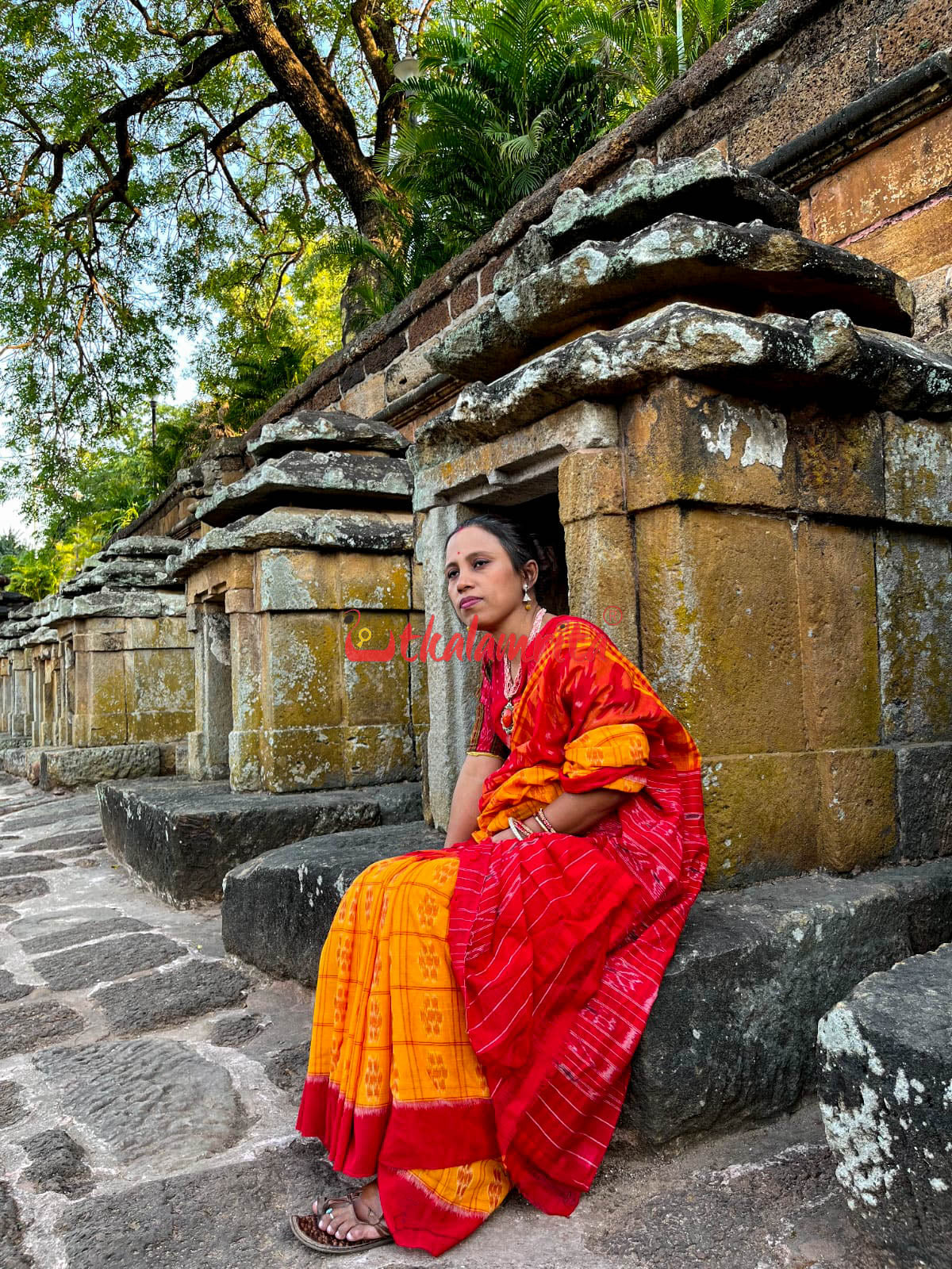 Half Half Yellow Red Checks Saree