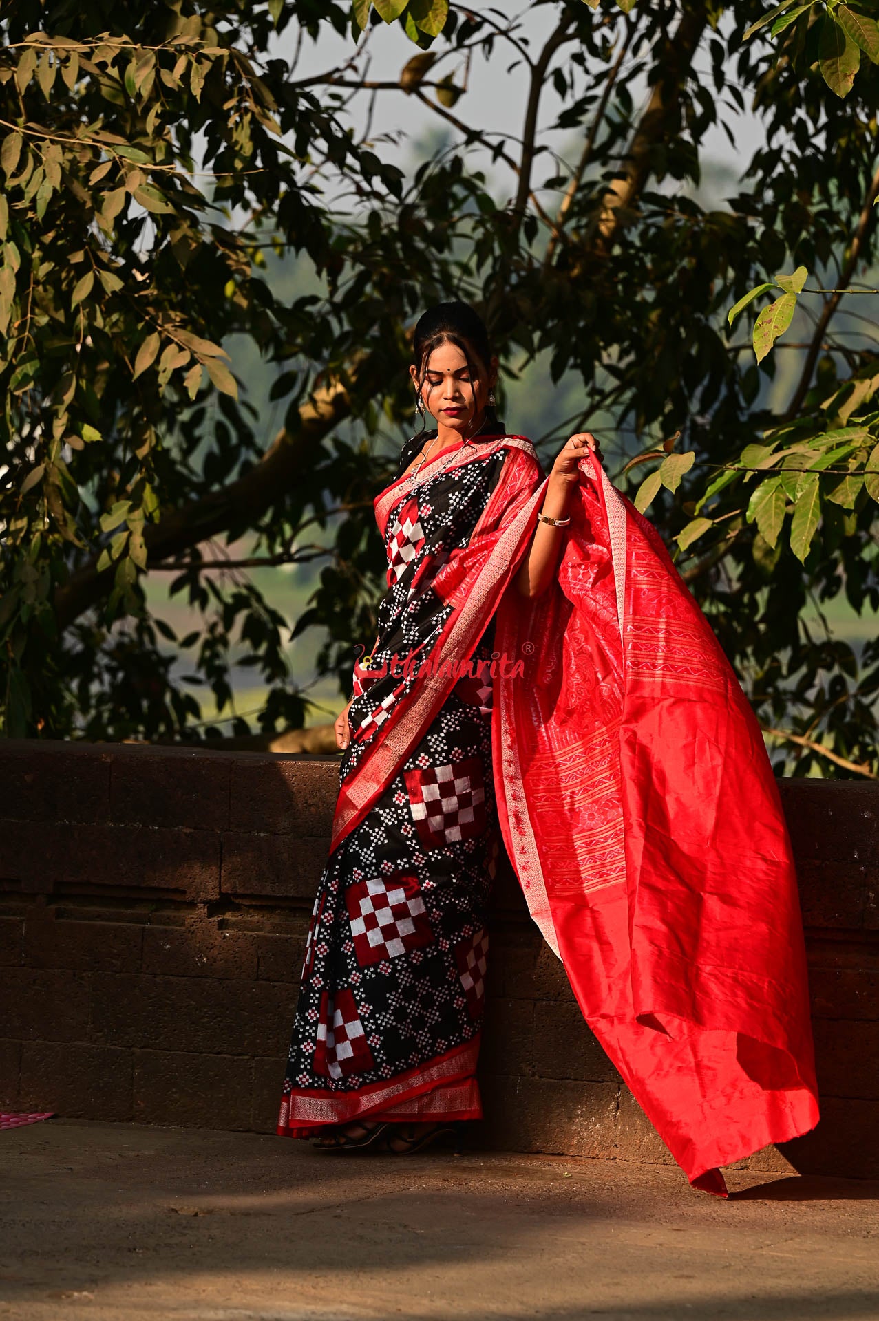 Black Red Pasapali Sambalpuri Silk Saree