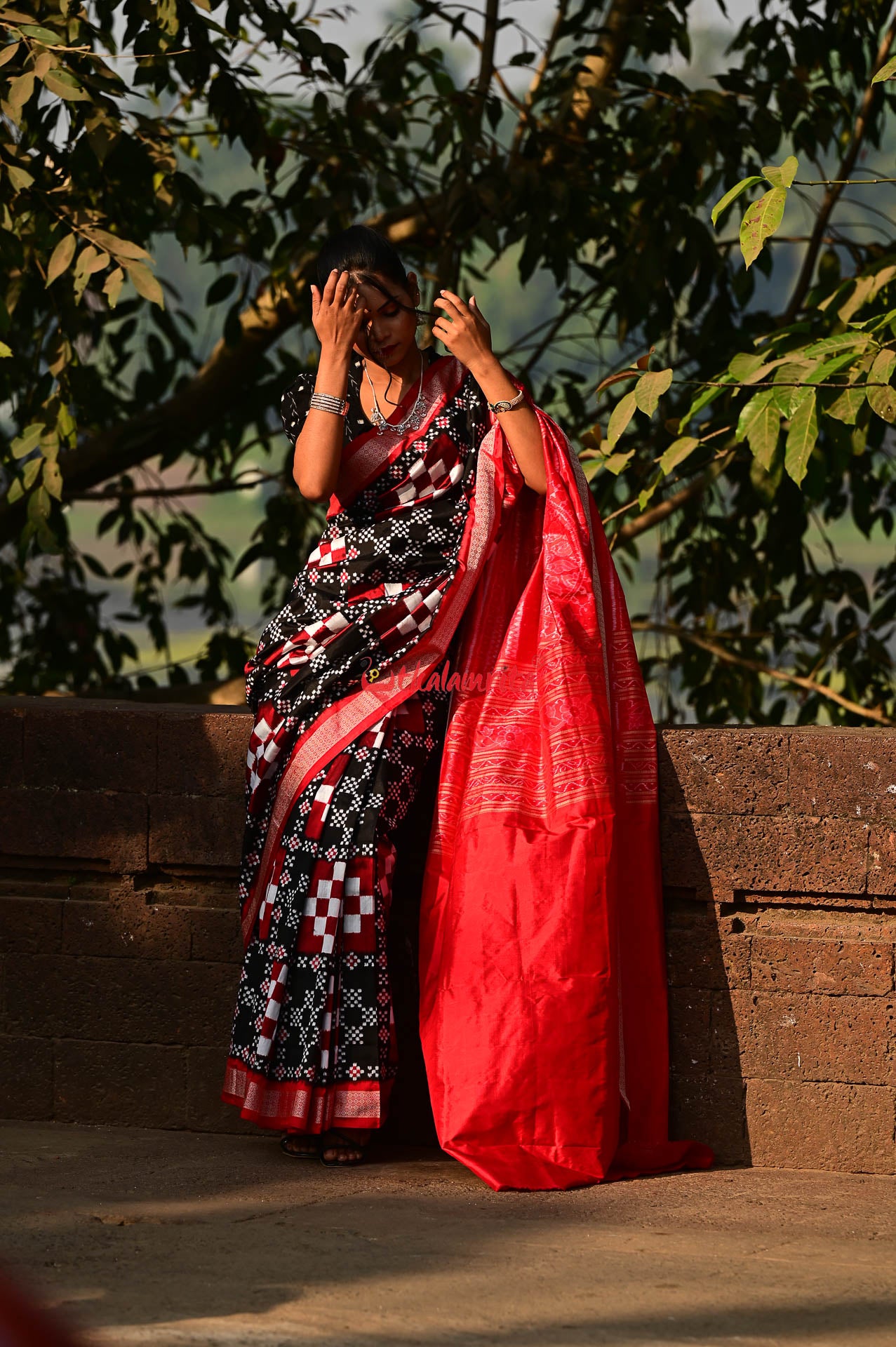 Black Red Pasapali Sambalpuri Silk Saree