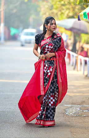 Black Red Pasapali Sambalpuri Silk Saree