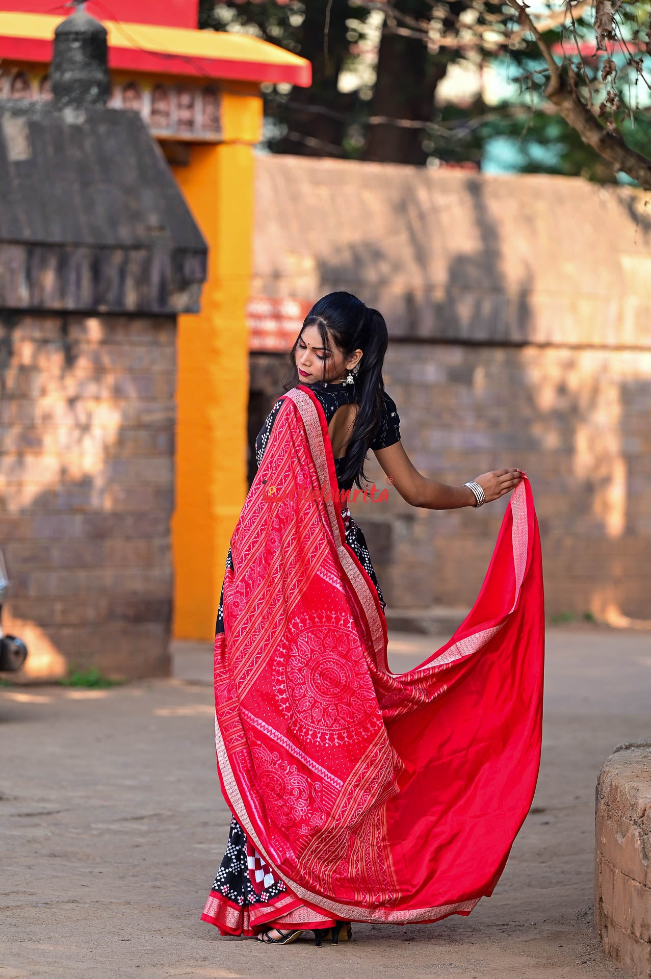 Black Red Pasapali Sambalpuri Silk Saree