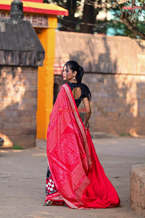 Black Red Pasapali Sambalpuri Silk Saree