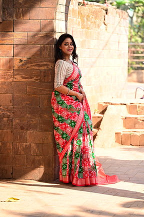 45 Kuthi Red Green Sambalpuri Pasapali Silk Saree