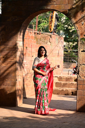 45 Kuthi Red Green Sambalpuri Pasapali Silk Saree