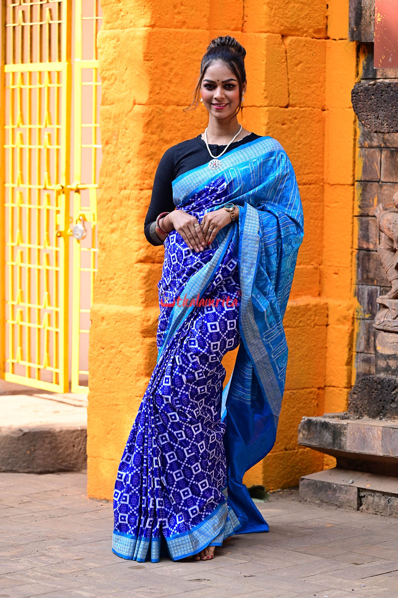 Blue Flowers and Kuthi Sambalpuri Silk Saree