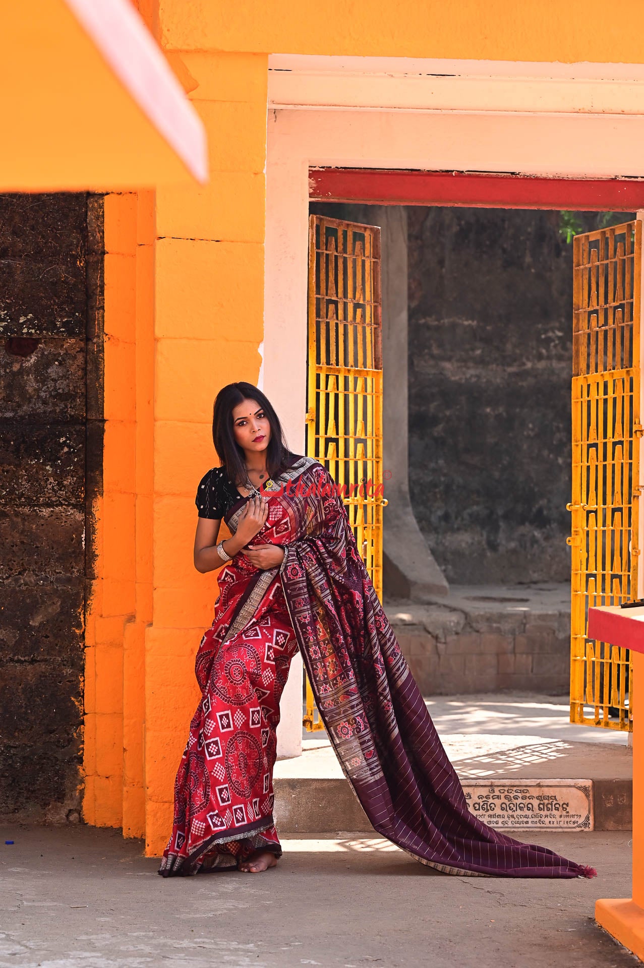 Red Coffee Chakra Pasapali Sambalpuri Silk Saree