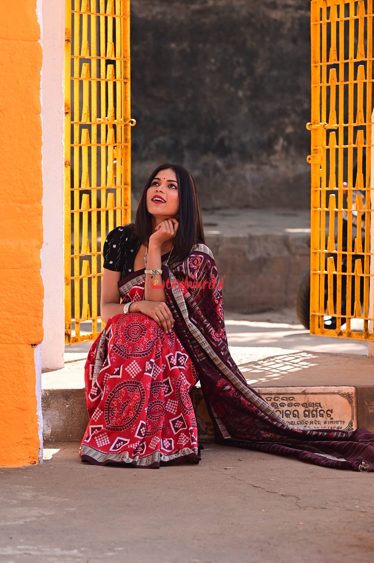 Red Coffee Chakra Pasapali Sambalpuri Silk Saree