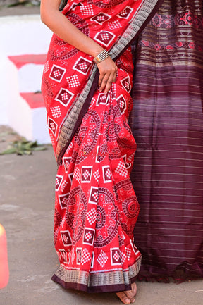 Red Coffee Chakra Pasapali Sambalpuri Silk Saree