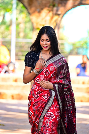 Red Coffee Chakra Pasapali Sambalpuri Silk Saree