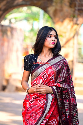 Red Coffee Chakra Pasapali Sambalpuri Silk Saree