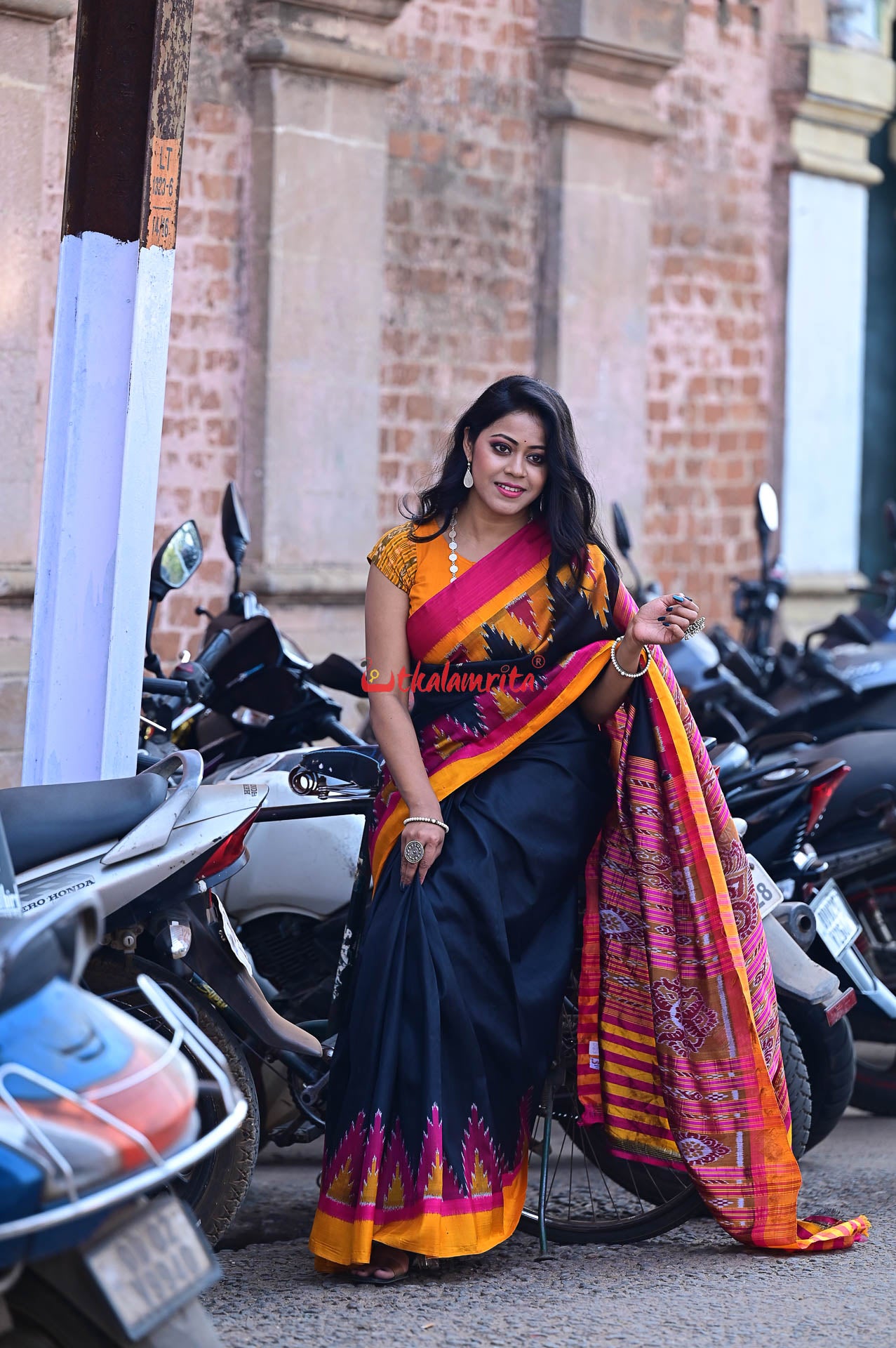 Black with Magenta Mustard Kumbha Khandua Silk Saree