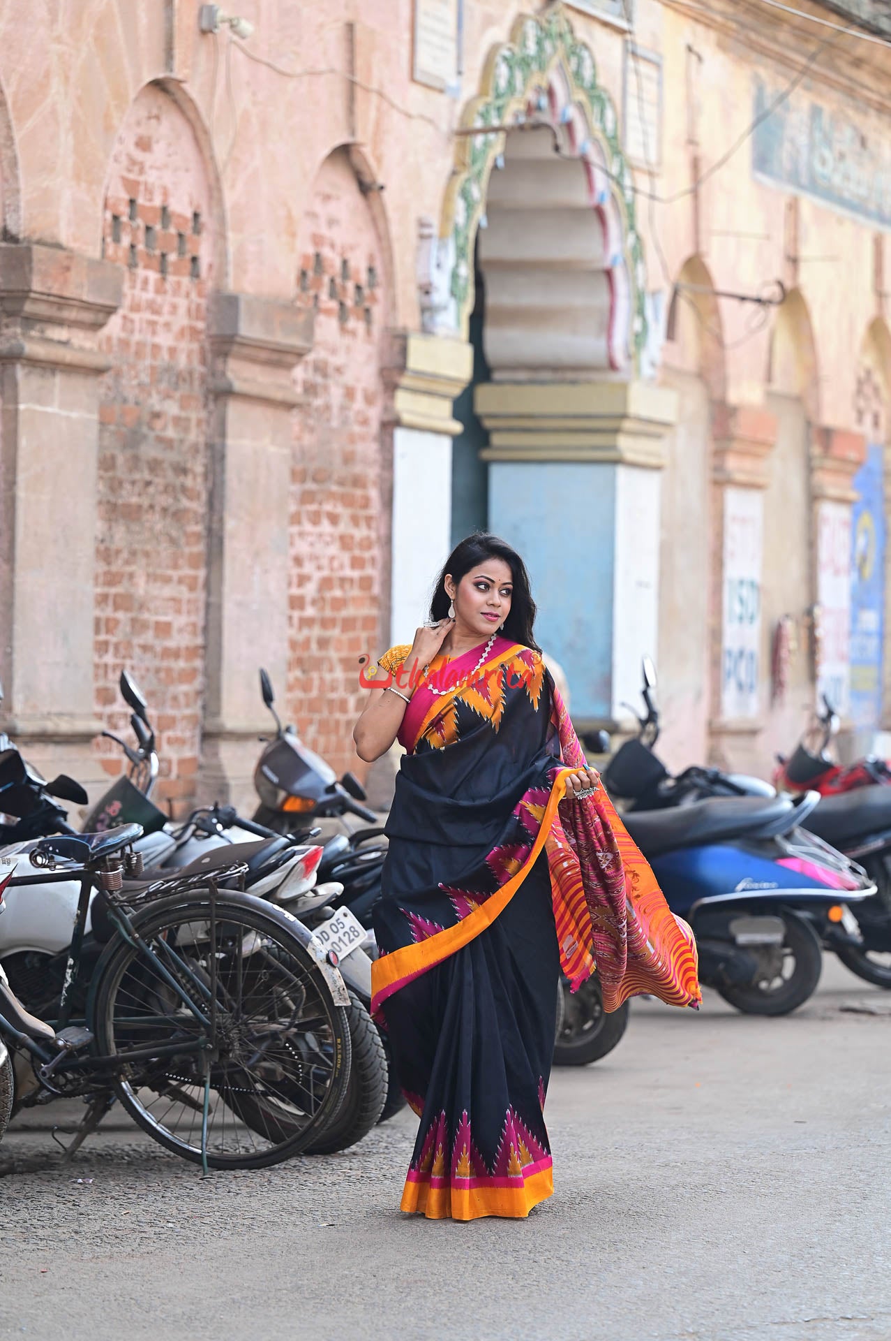 Black with Magenta Mustard Kumbha Khandua Silk Saree