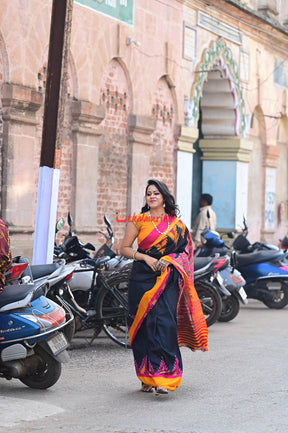 Black with Magenta Mustard Kumbha Khandua Silk Saree