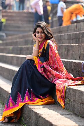 Black with Magenta Mustard Kumbha Khandua Silk Saree