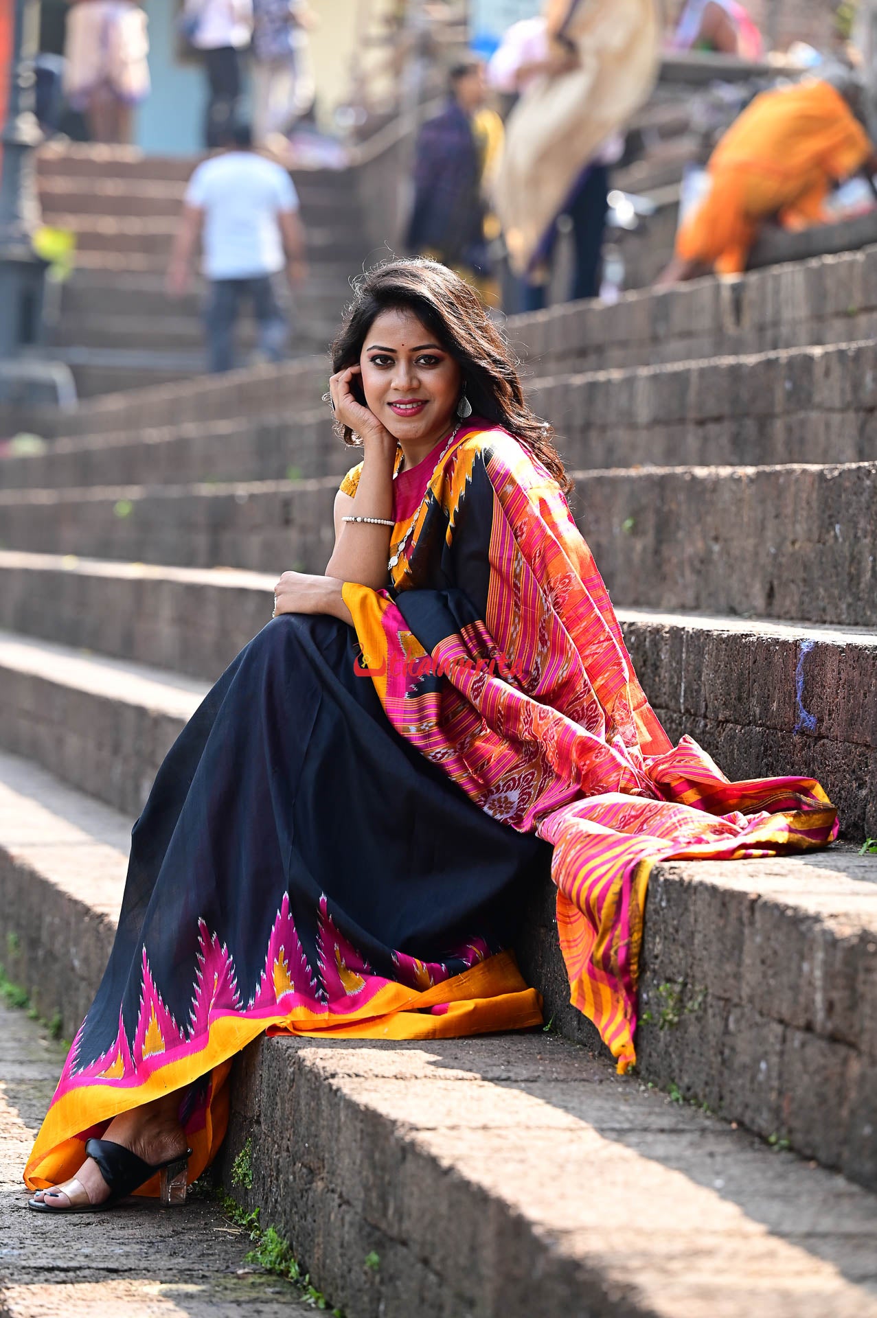 Black with Magenta Mustard Kumbha Khandua Silk Saree