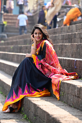 Black with Magenta Mustard Kumbha Khandua Silk Saree