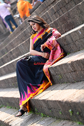 Black with Magenta Mustard Kumbha Khandua Silk Saree